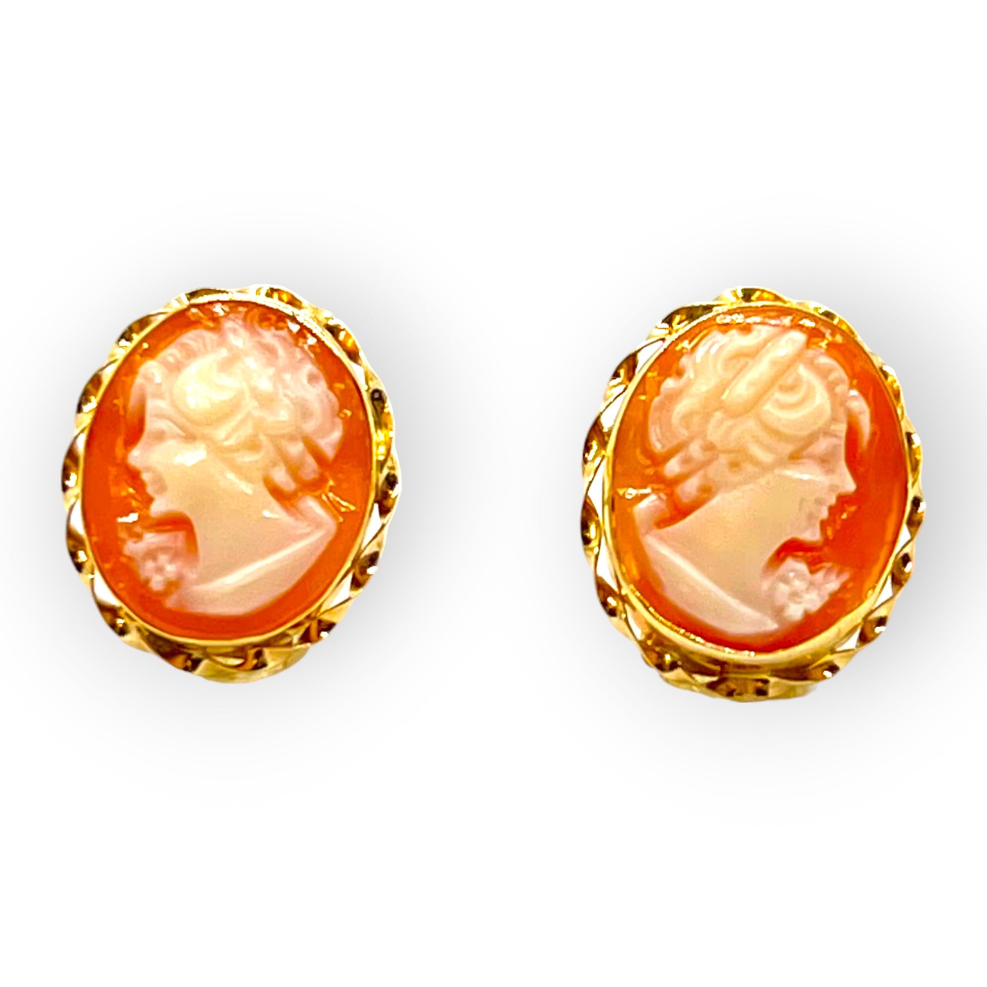 14K Gold Hand-Crafted Cameo Stud Earrings - Victorian Conch Shell Cameo