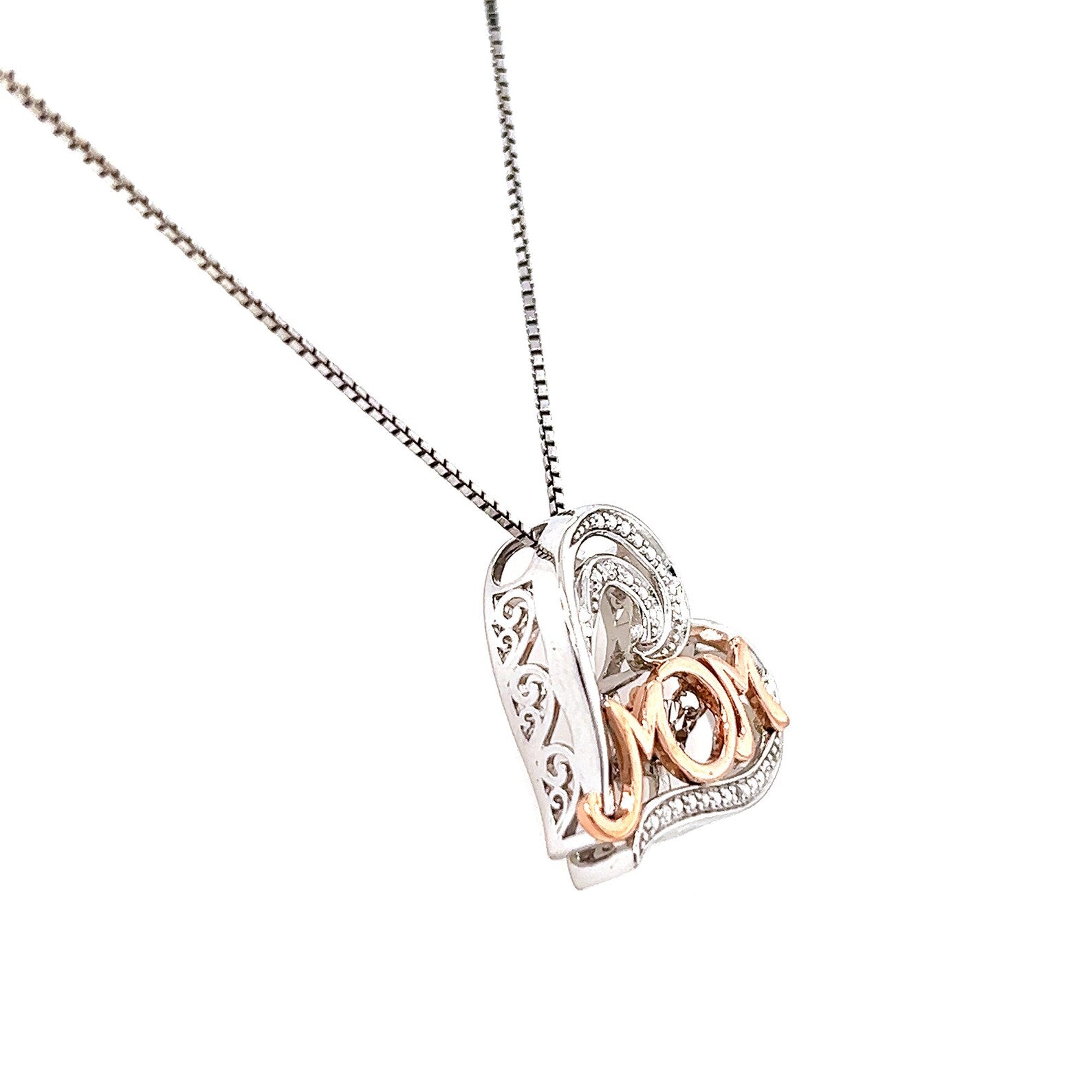 10K Rose Gold and Silver Mom Pendant with 'Rocking Diamond' Accent