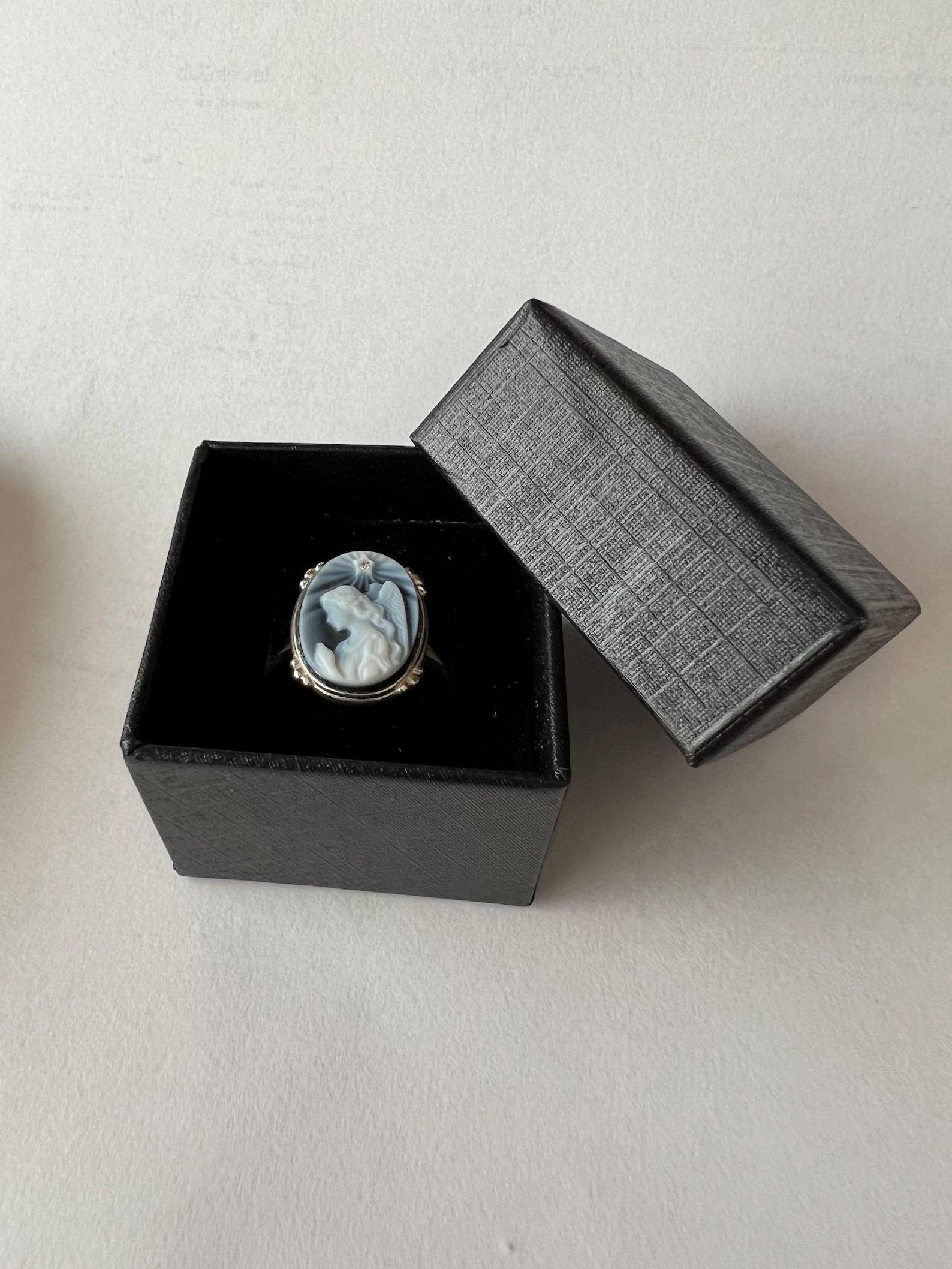 Gold Plated Silver Diamond Accent "Draped Angel Praying" Blue Agate Cameo Ring