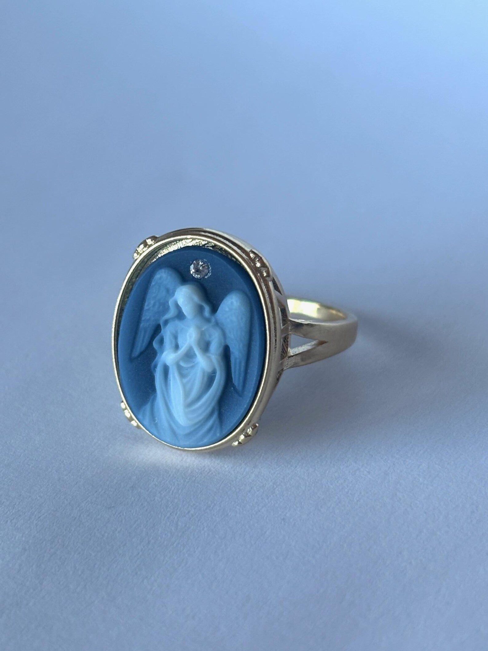 Gold Plated Silver Diamond Accent "Draped Angel Praying" Blue Agate Cameo Ring