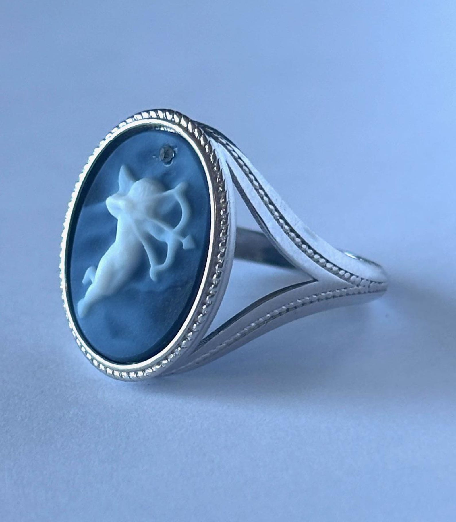 Sterling Silver Diamond Accent Cupid of Love'" Blue Agate Cameo Ring