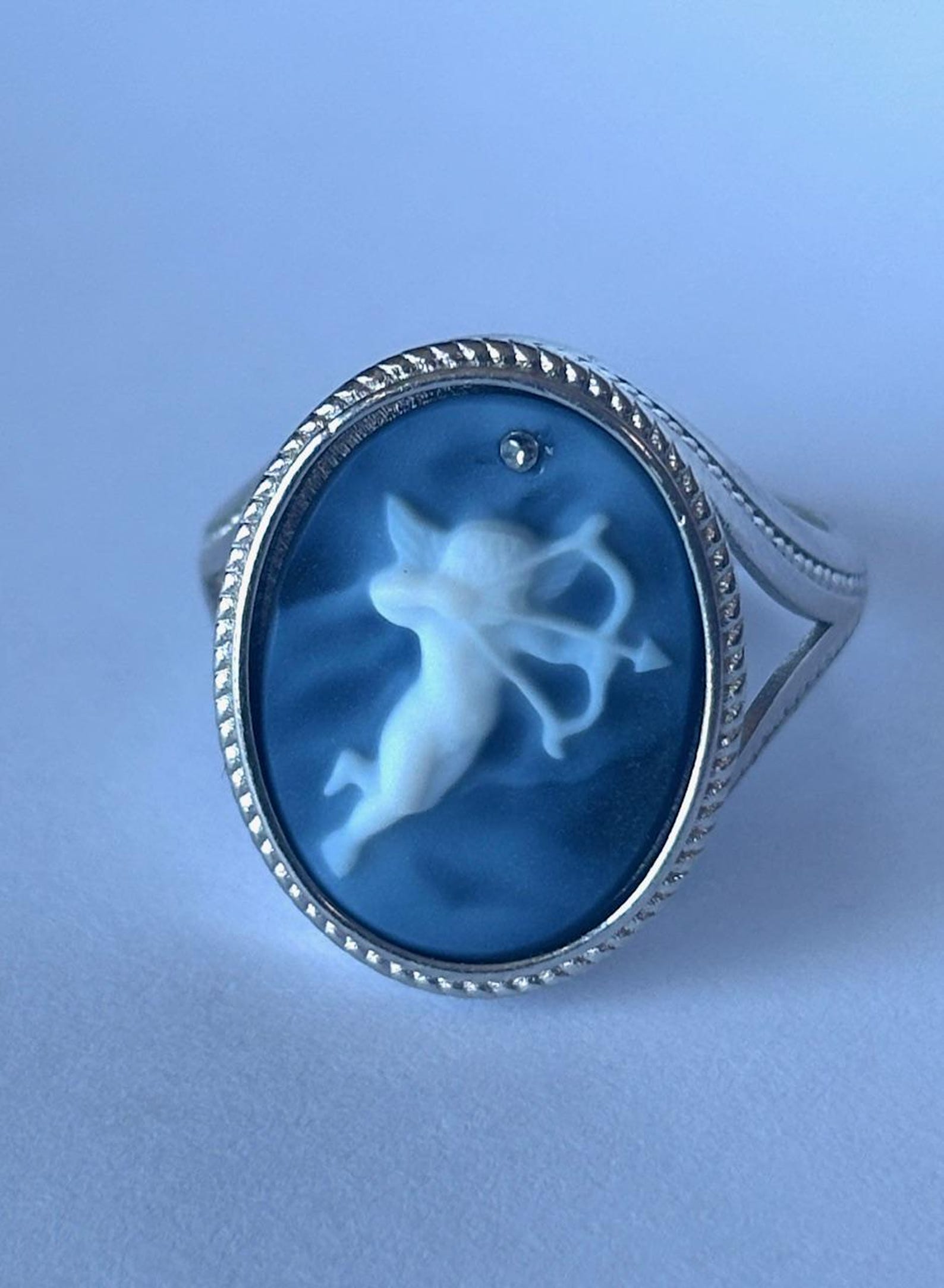 Sterling Silver Diamond Accent Cupid of Love'" Blue Agate Cameo Ring