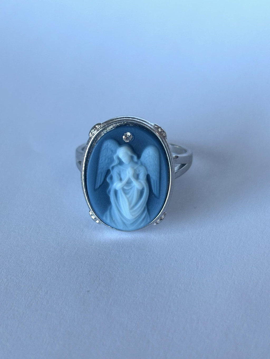 Sterling Silver Diamond Accent "Draped Angel Praying" Blue Agate Cameo Ring