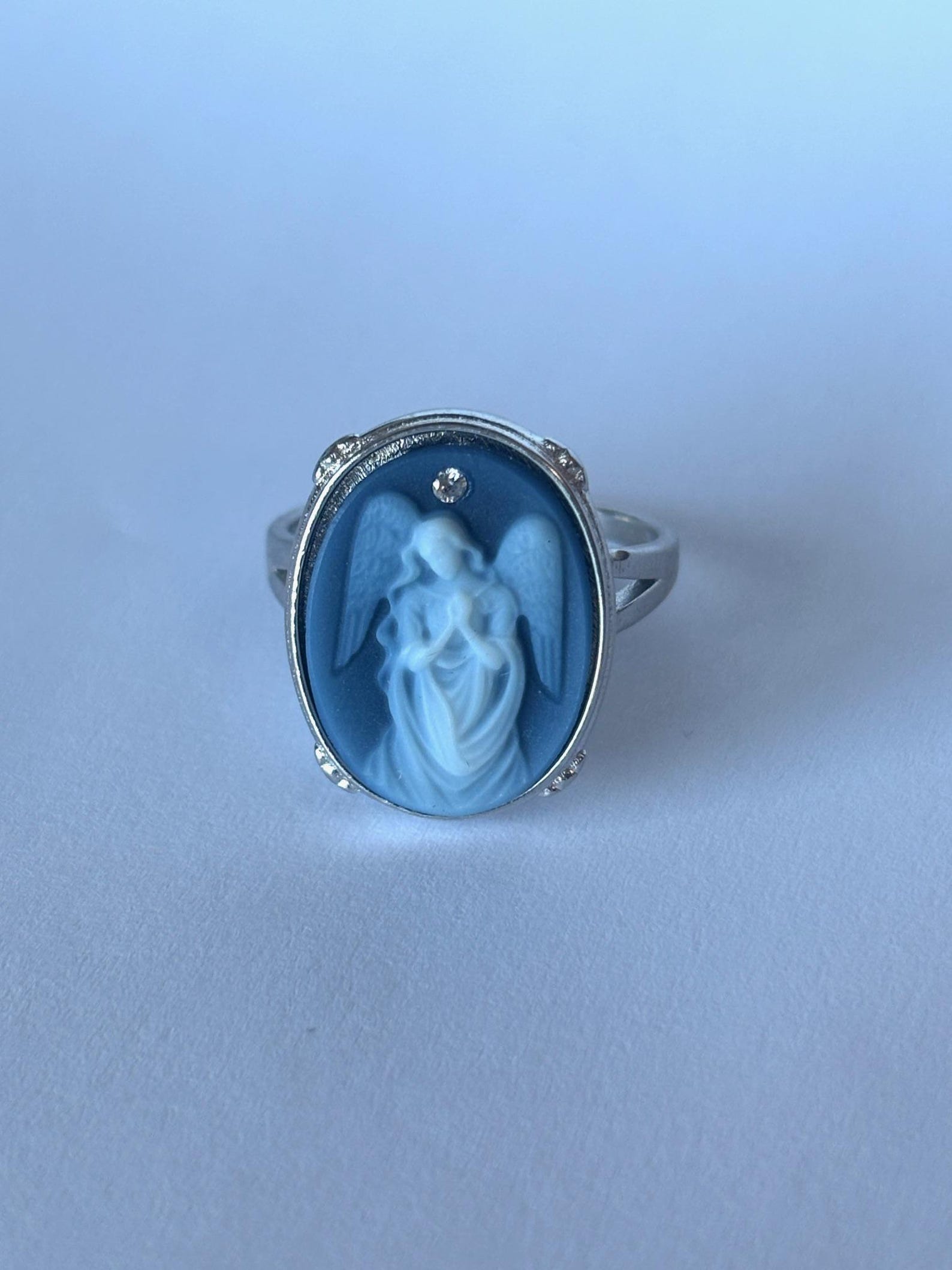 Sterling Silver Diamond Accent "Draped Angel Praying" Blue Agate Cameo Ring