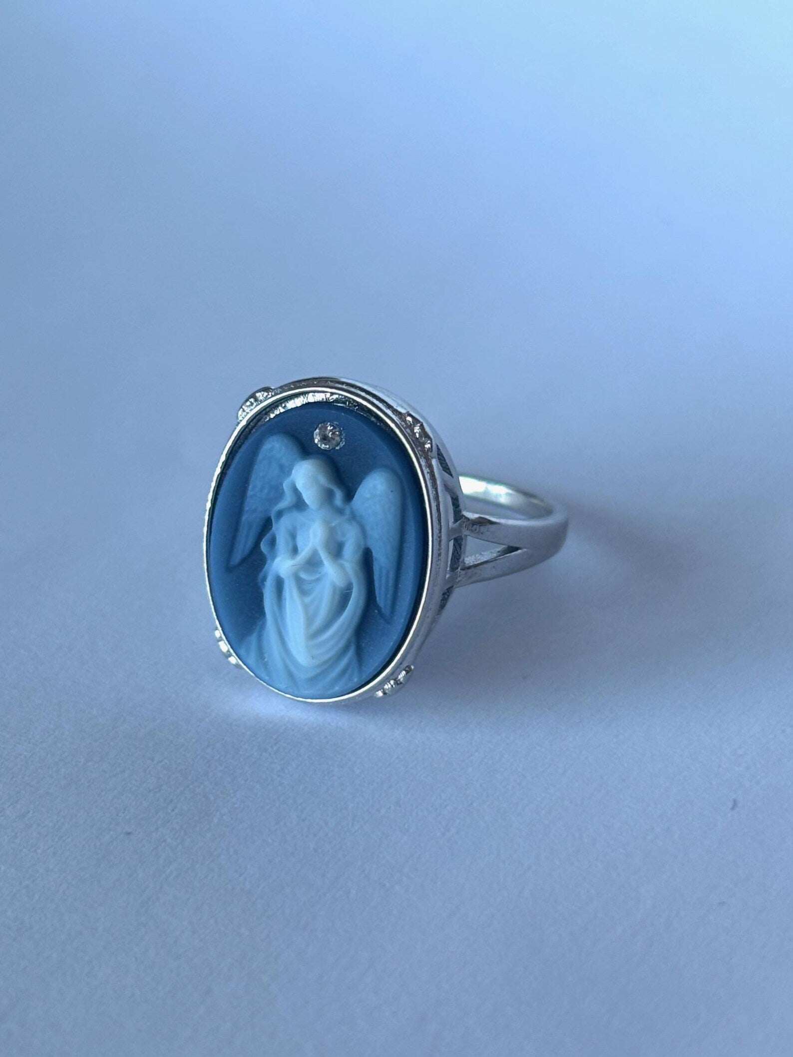 Sterling Silver Diamond Accent "Draped Angel Praying" Blue Agate Cameo Ring