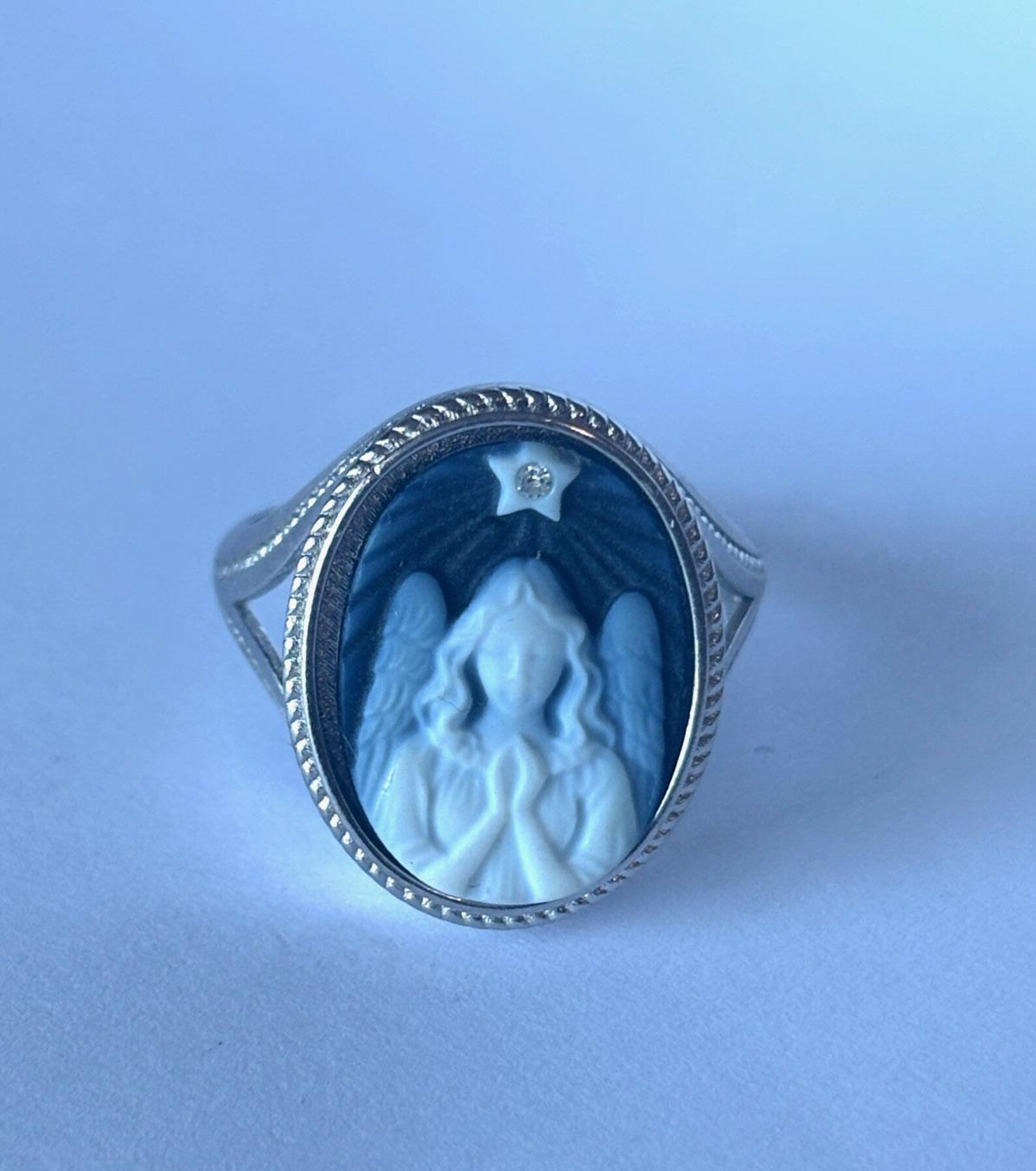Sterling Silver Diamond Accent Star "Guardian Angel Praying With Star" Blue Agate Cameo Ring