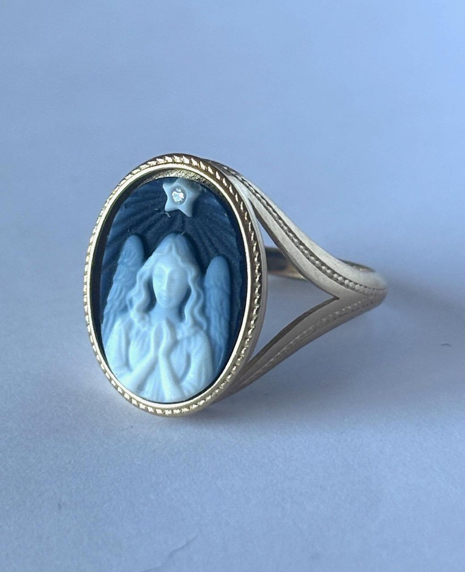 Gold Plated Silver Diamond Accent Star "Guardian Angel Praying With Star" Blue Agate Cameo Ring