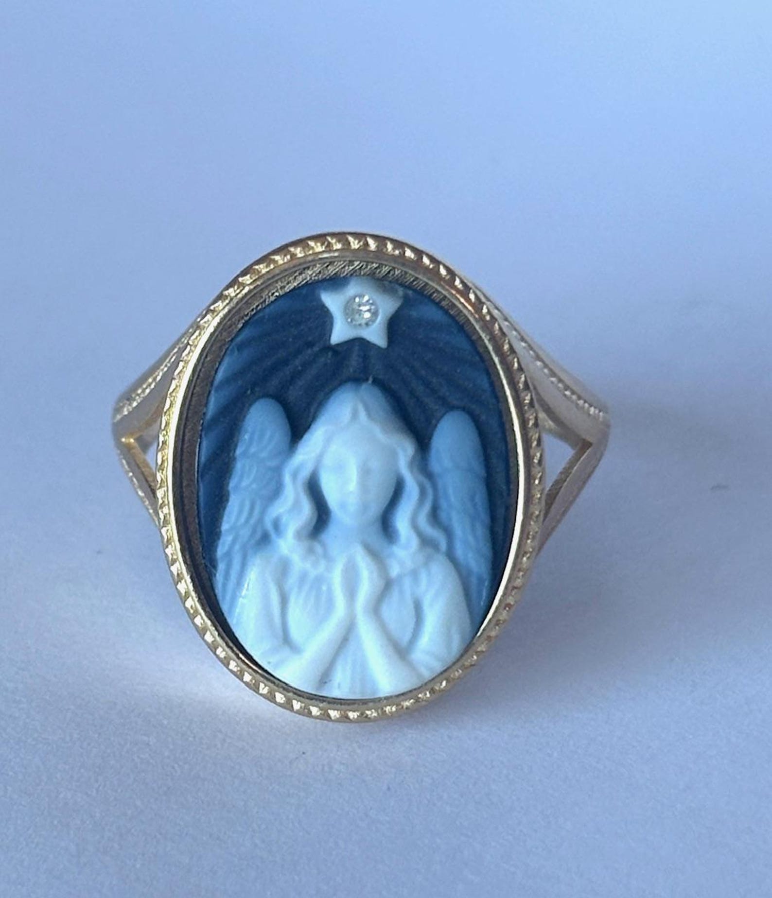 Gold Plated Silver Diamond Accent Star "Guardian Angel Praying With Star" Blue Agate Cameo Ring