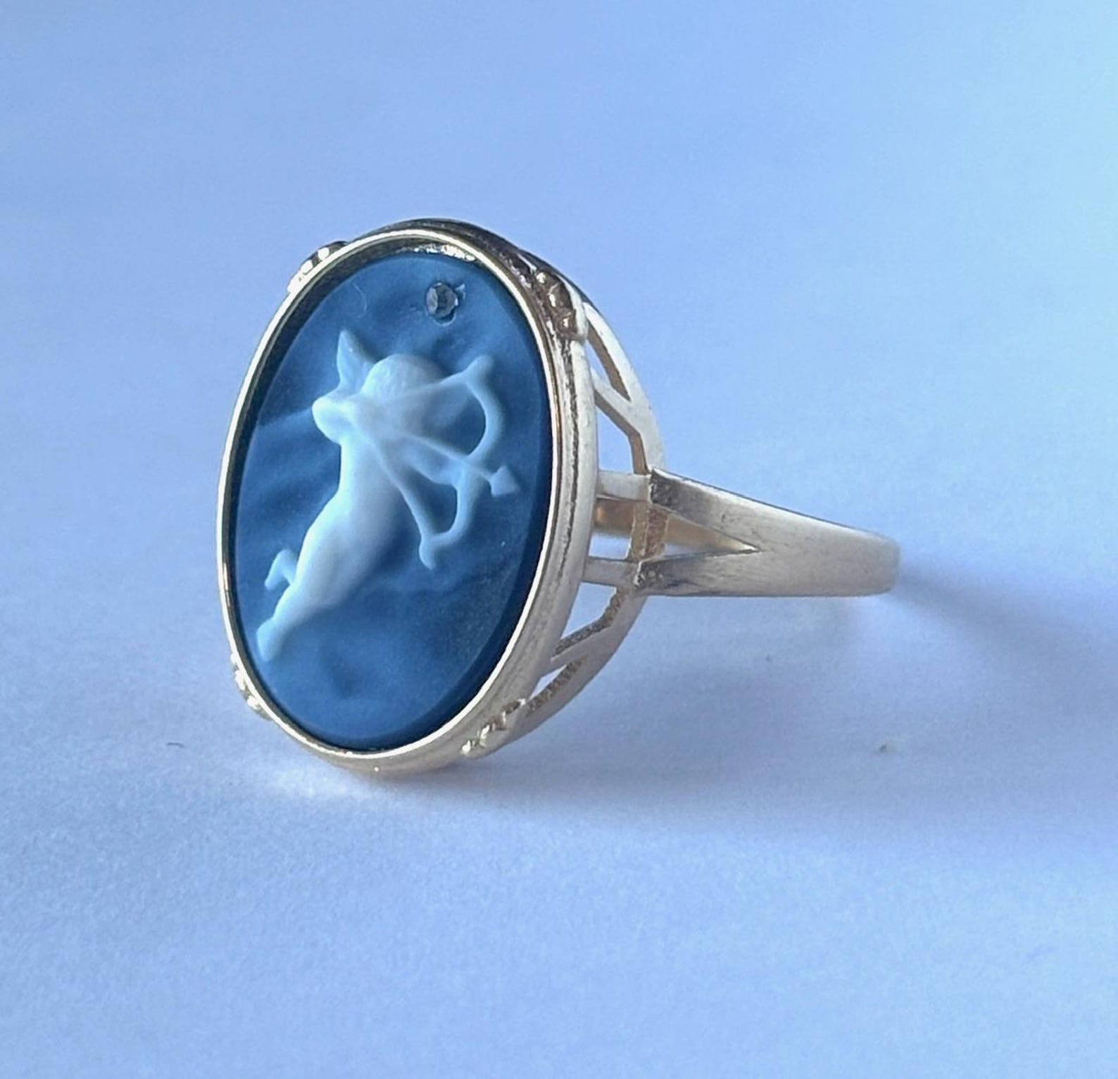 Gold Plated Silver Diamond Accent "Cupid of Love" Blue Agate Cameo Ring