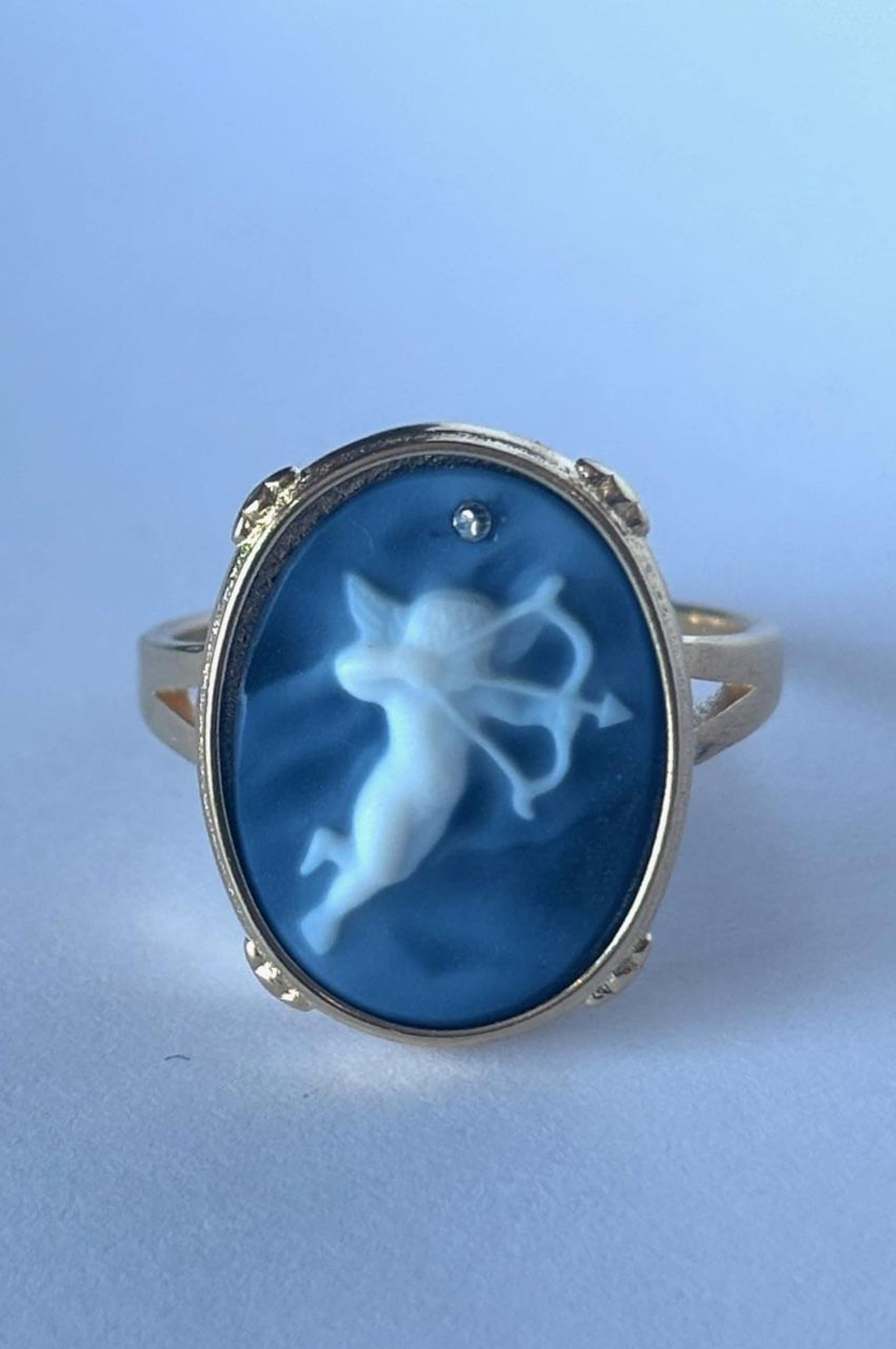 Gold Plated Silver Diamond Accent "Cupid of Love" Blue Agate Cameo Ring