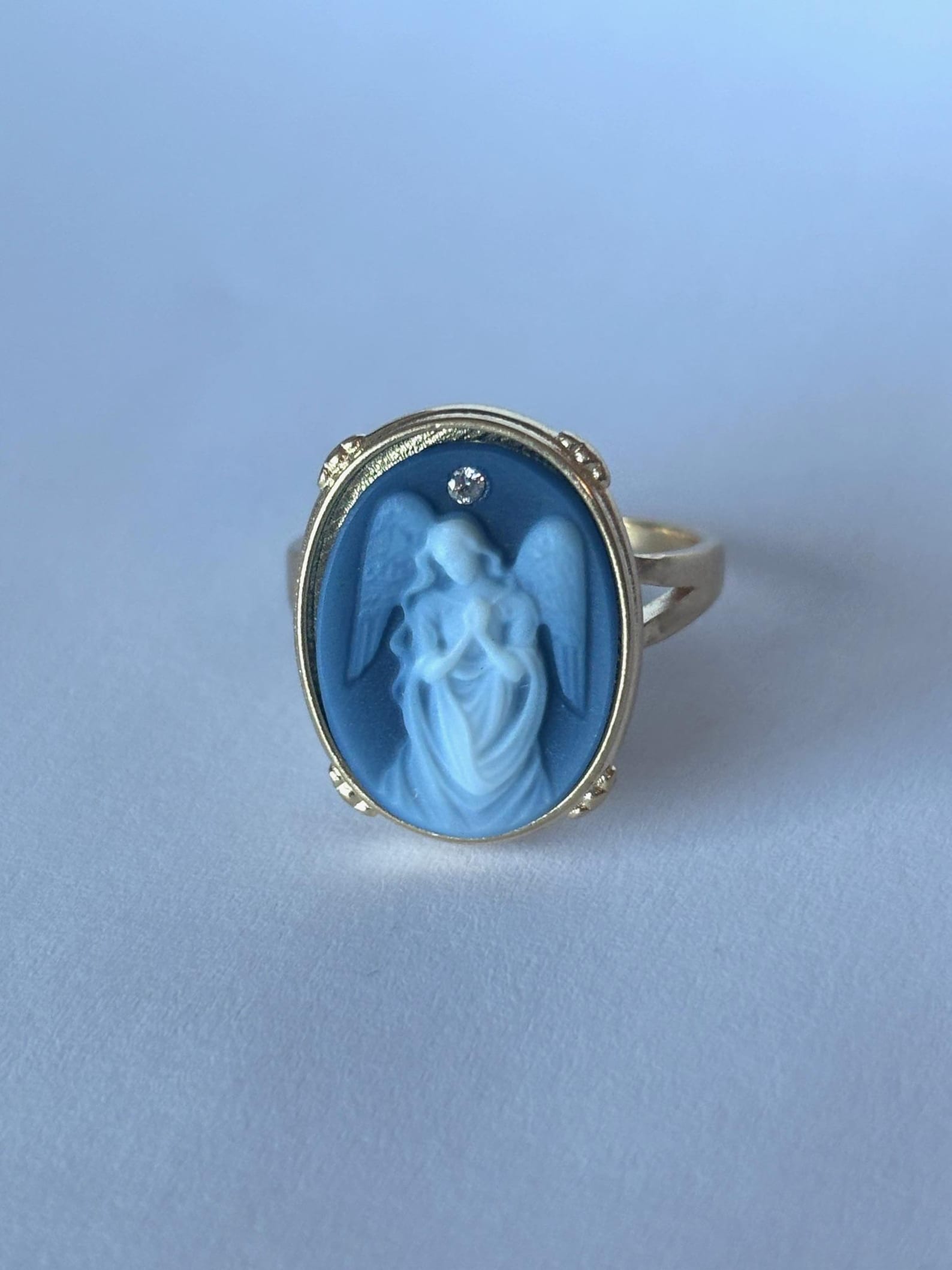 Gold Plated Silver Diamond Accent "Draped Angel Praying" Blue Agate Cameo Ring