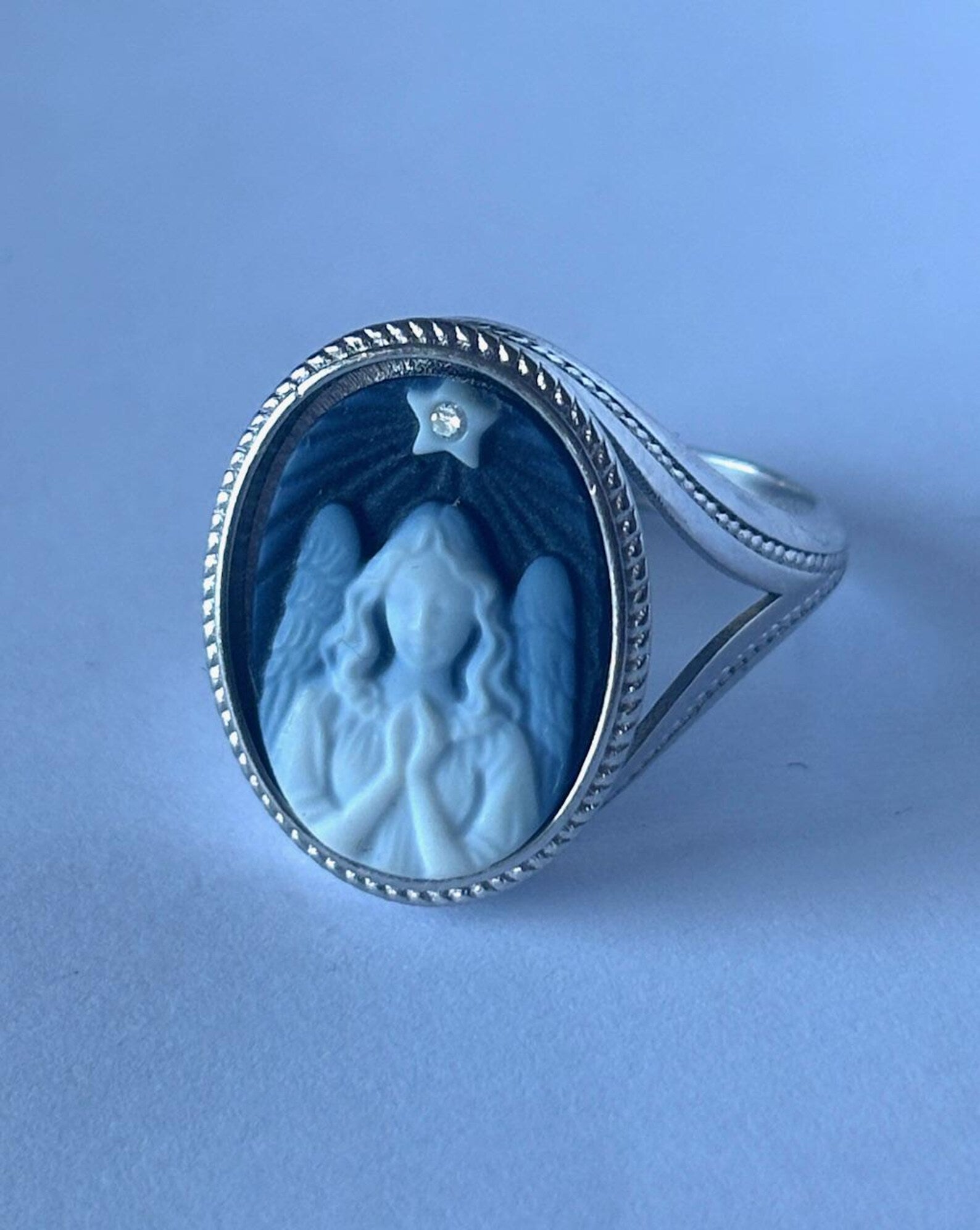 Sterling Silver Diamond Accent Star "Guardian Angel Praying With Star" Blue Agate Cameo Ring