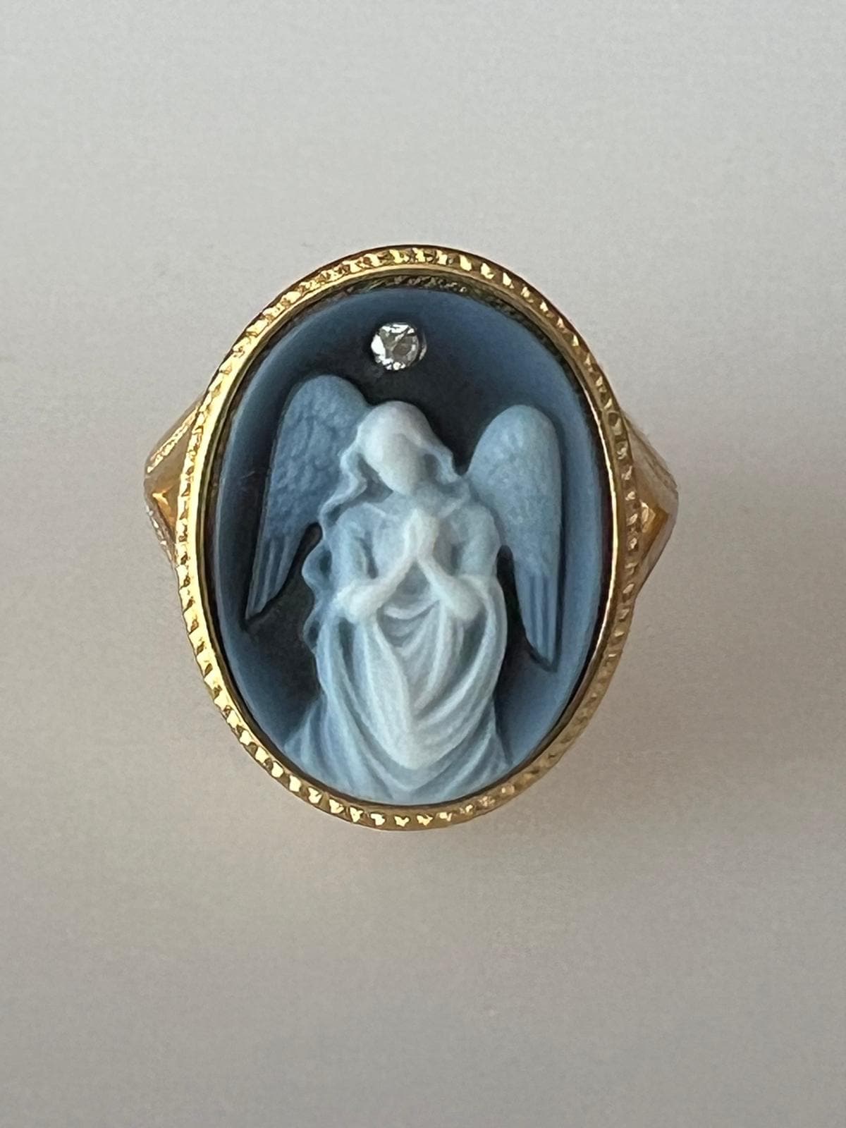 Gold Plated Silver Diamond Accent "Draped Angel Praying" Blue Agate Cameo Ring