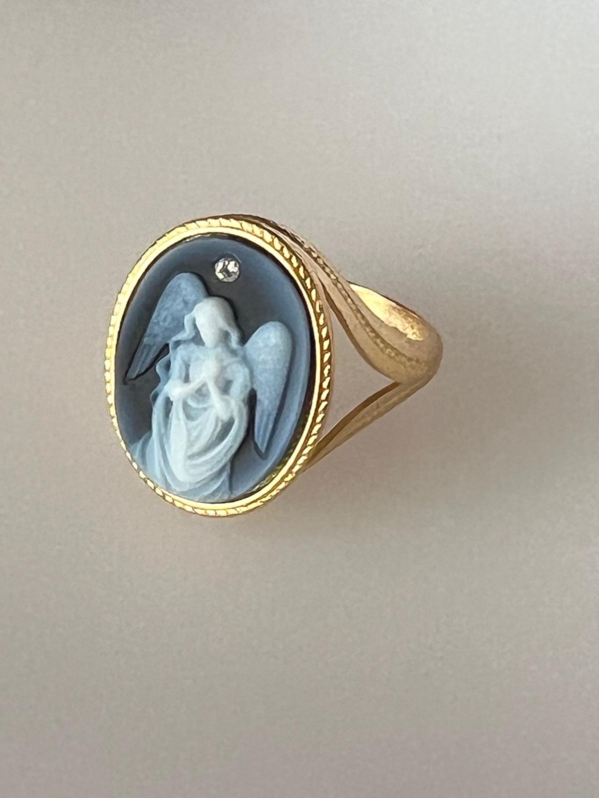 Gold Plated Silver Diamond Accent "Draped Angel Praying" Blue Agate Cameo Ring