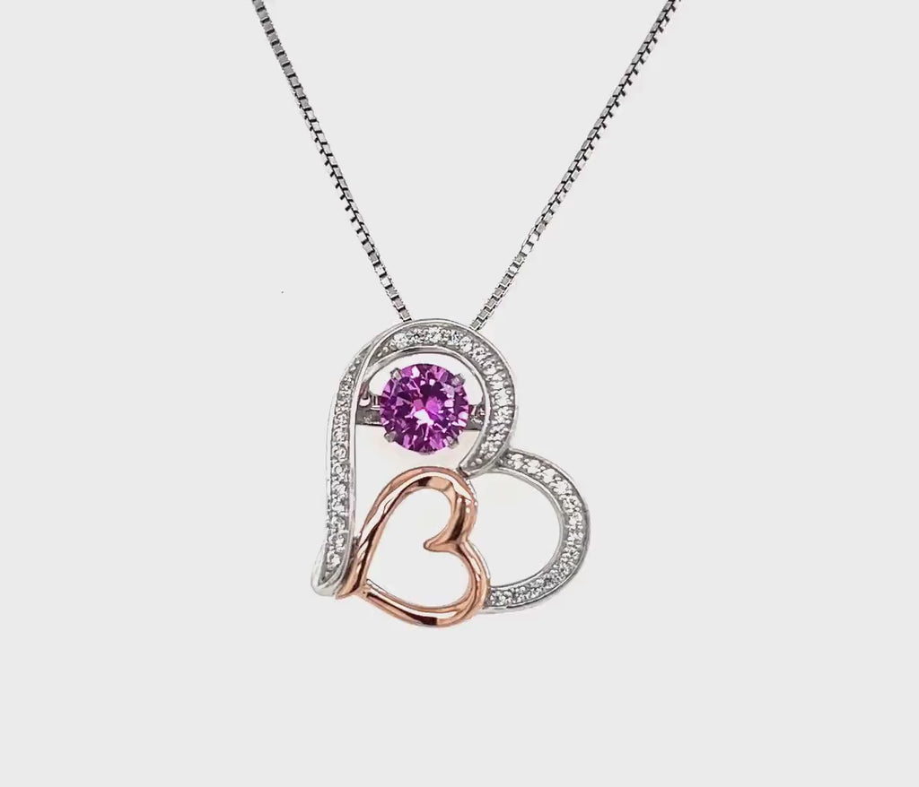 Rocking Pink Sapphire with White Sapphire Details, Double Heart Necklace