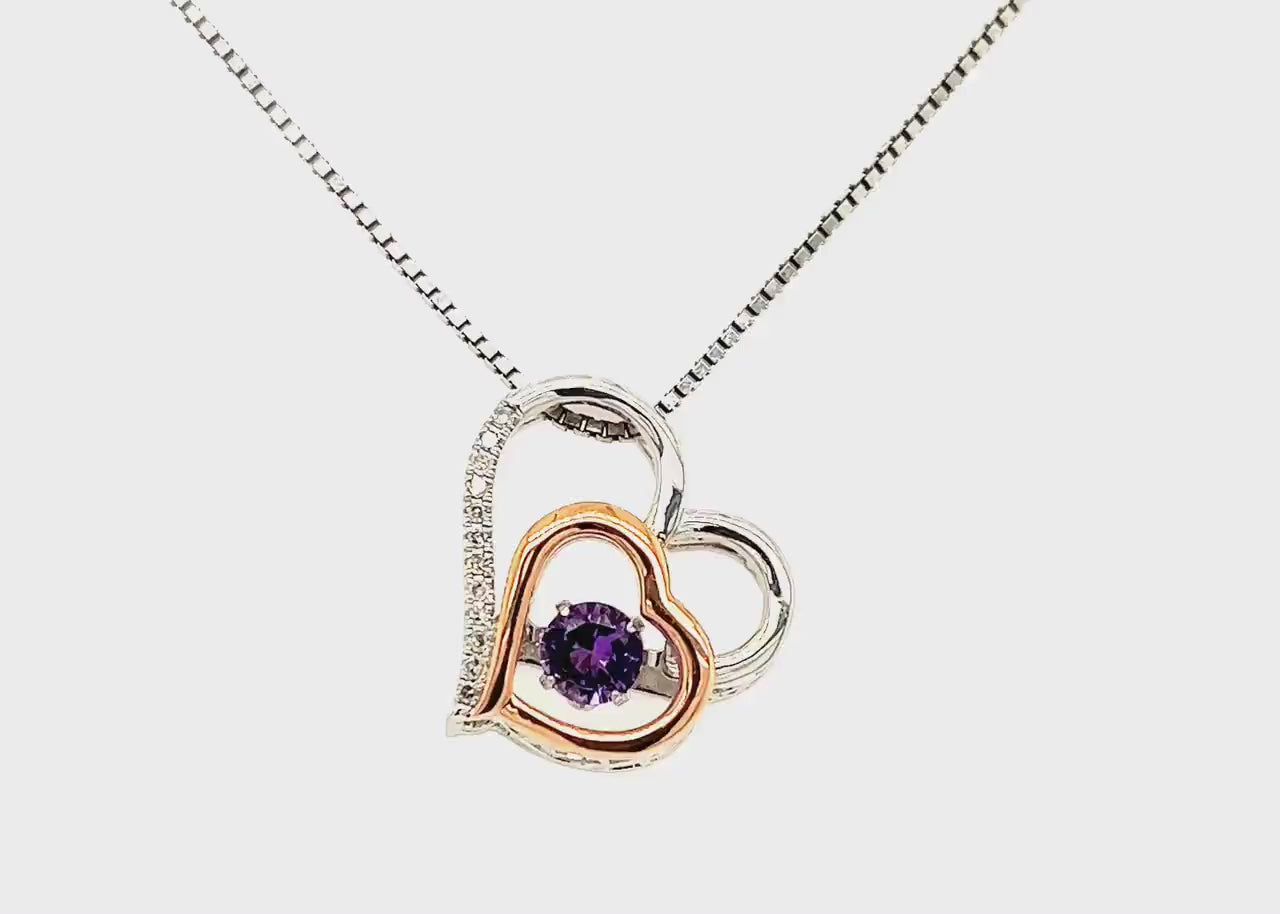 Rocking Amethyst  with White Sapphire Details, Double Heart Necklace