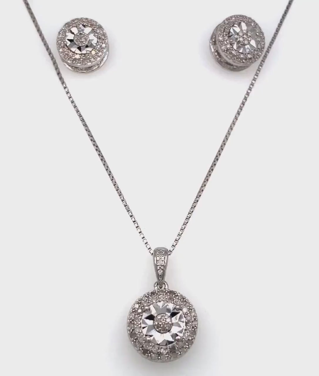 Diamonds and Silver with a Special Miracle Setting Earring and Necklace Set