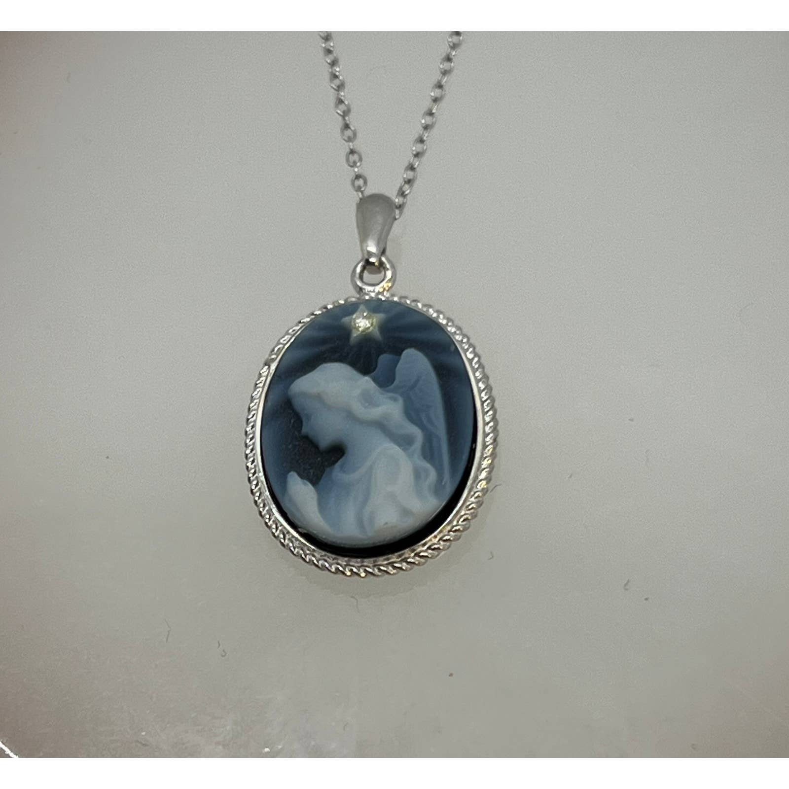 Silver and Diamond Accent Star "Praying Angel" 925 Blue Agate Cameo Pendant