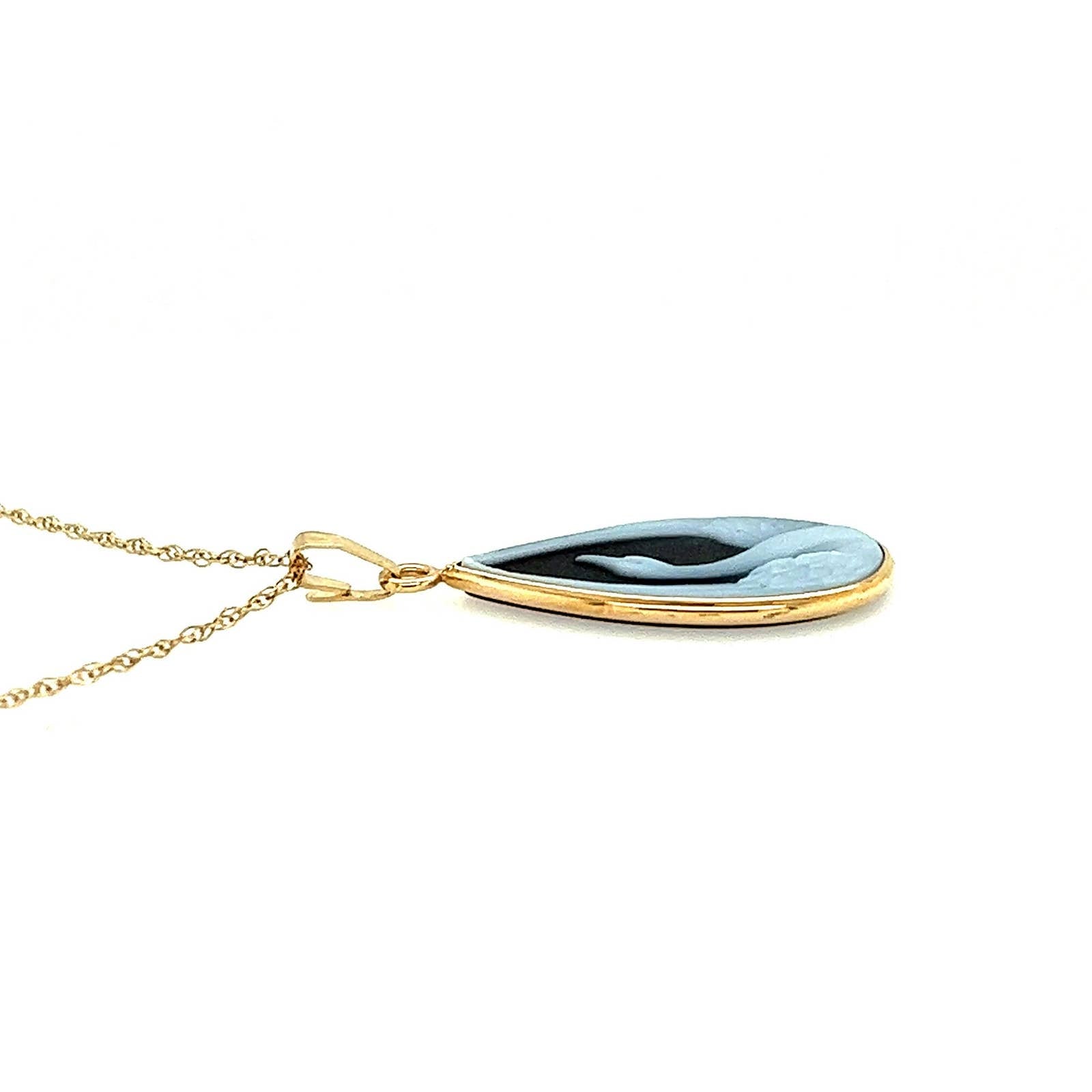 14K Gold "Teardrop Shape Swan" Blue Agate Cameo Pendant
