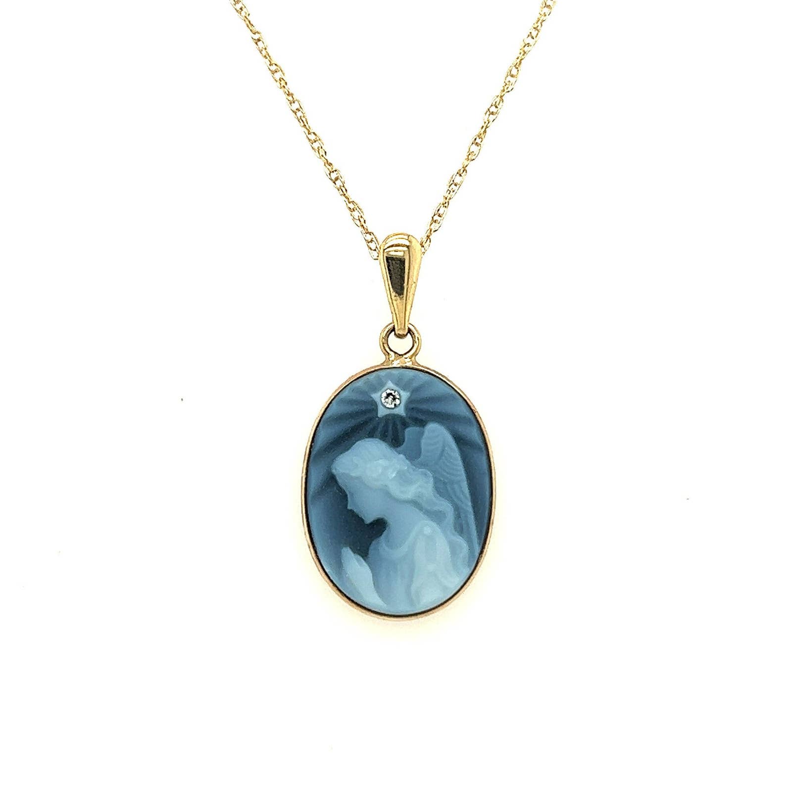 14K Gold "Praying Angel" With Diamond Accent Blue Agate Cameo Pendant