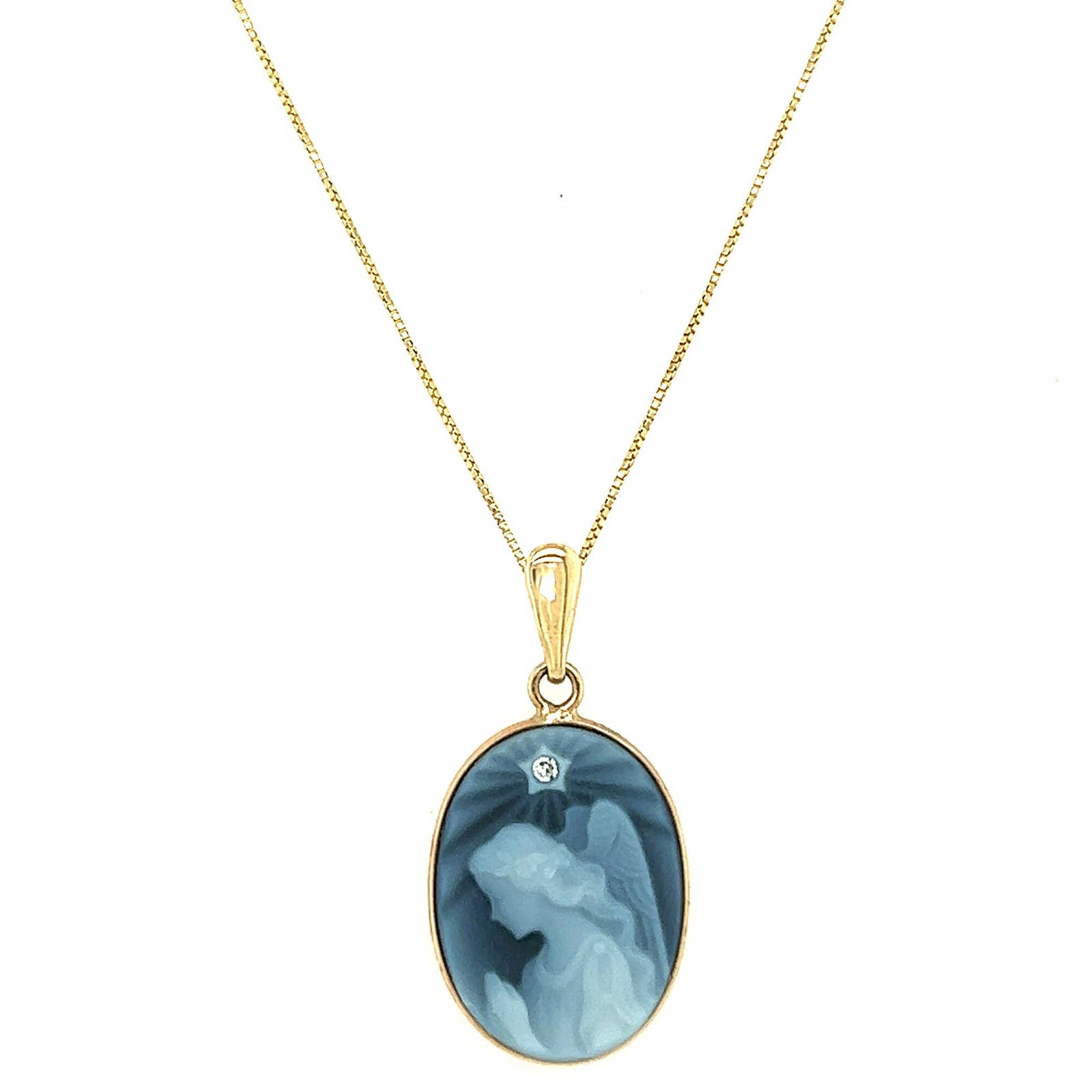 14K Gold "Praying Angel" With Diamond Accent Blue Agate Cameo Pendant