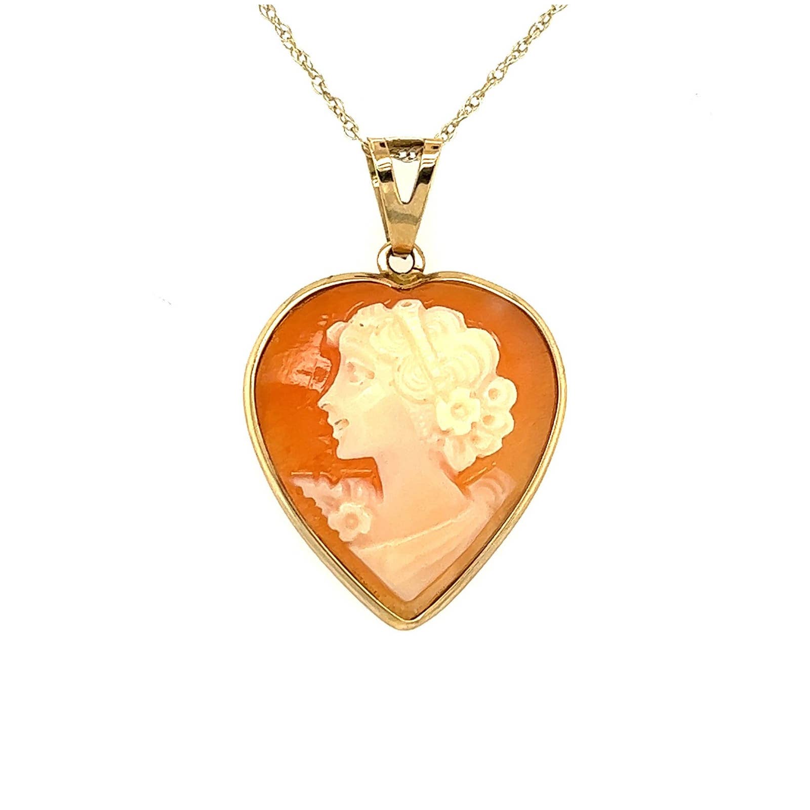 14K Gold Shell Heart Shape Victorian Lady Cameo Pendant