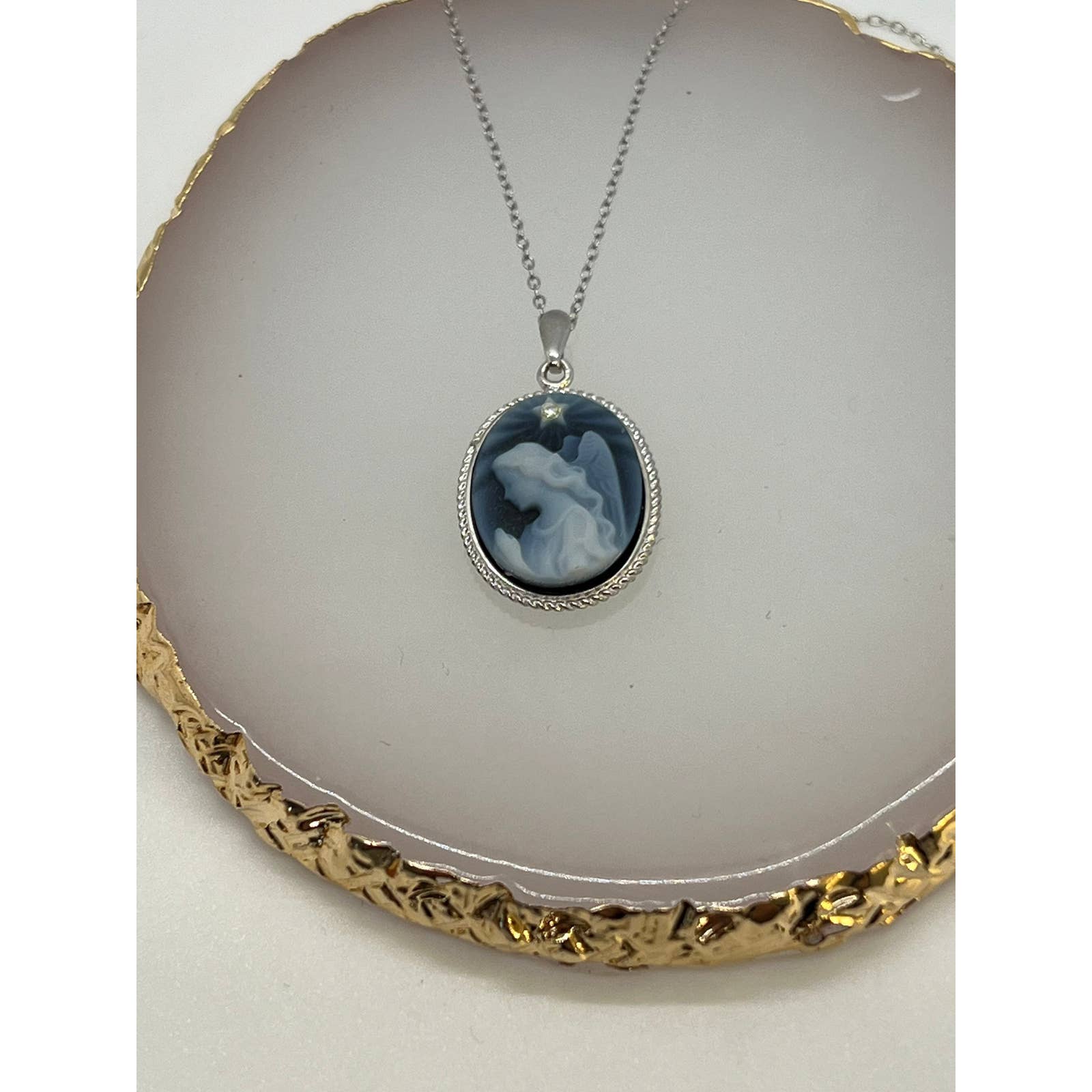 Silver and Diamond Accent Star "Praying Angel" 925 Blue Agate Cameo Pendant