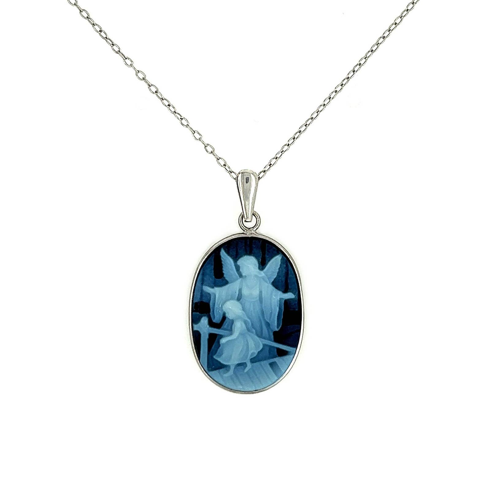 Silver and Blue Agate "Watch My Child Grow" Cameo Pendant