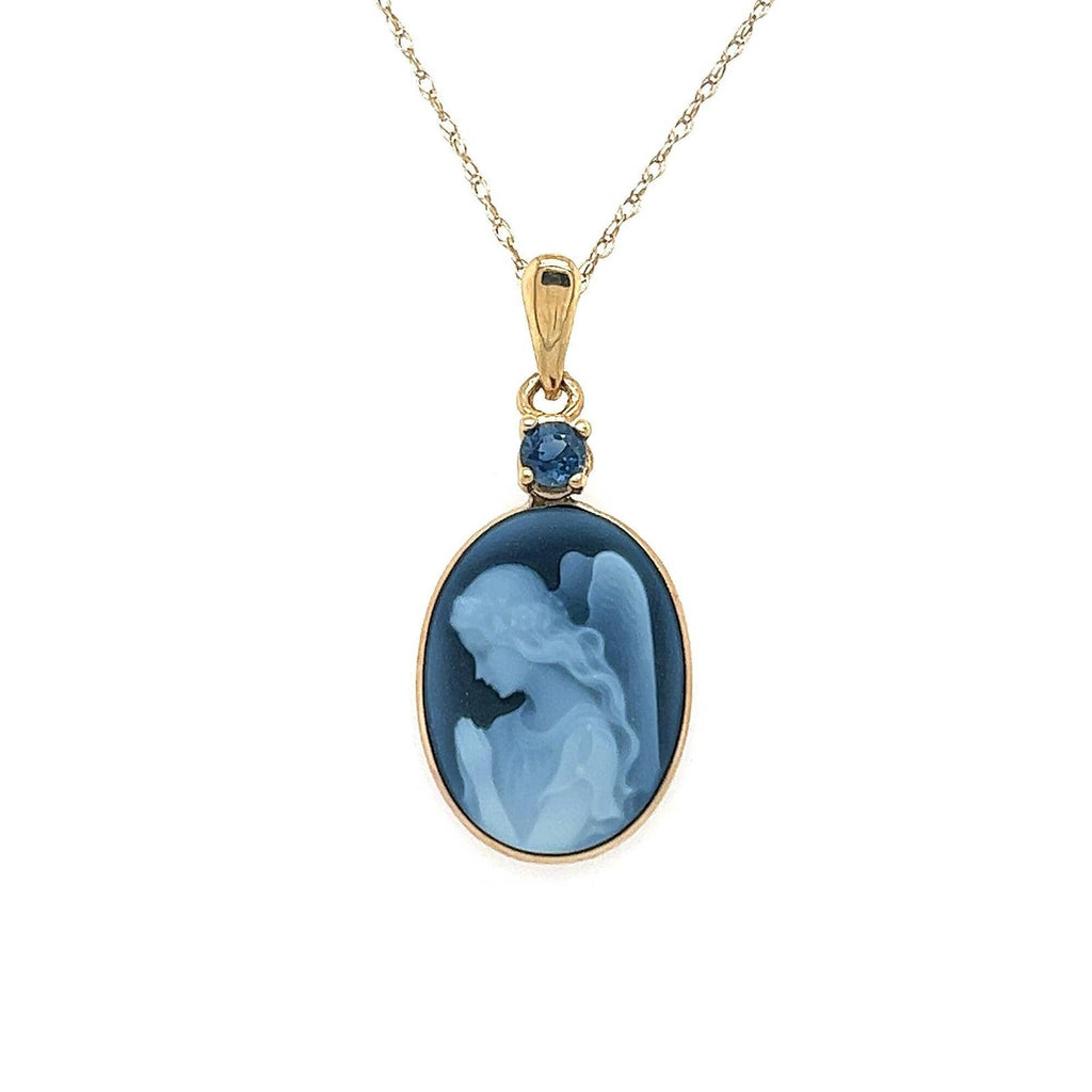 10K Gold "Praying Angel" With Blue Sapphire Accent Blue Agate Cameo Pendant