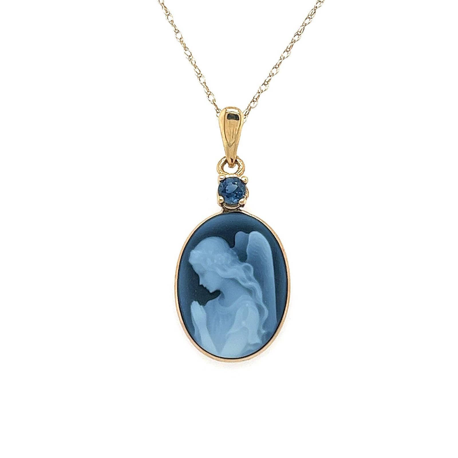 10K Gold "Praying Angel" With Blue Sapphire Accent Blue Agate Cameo Pendant