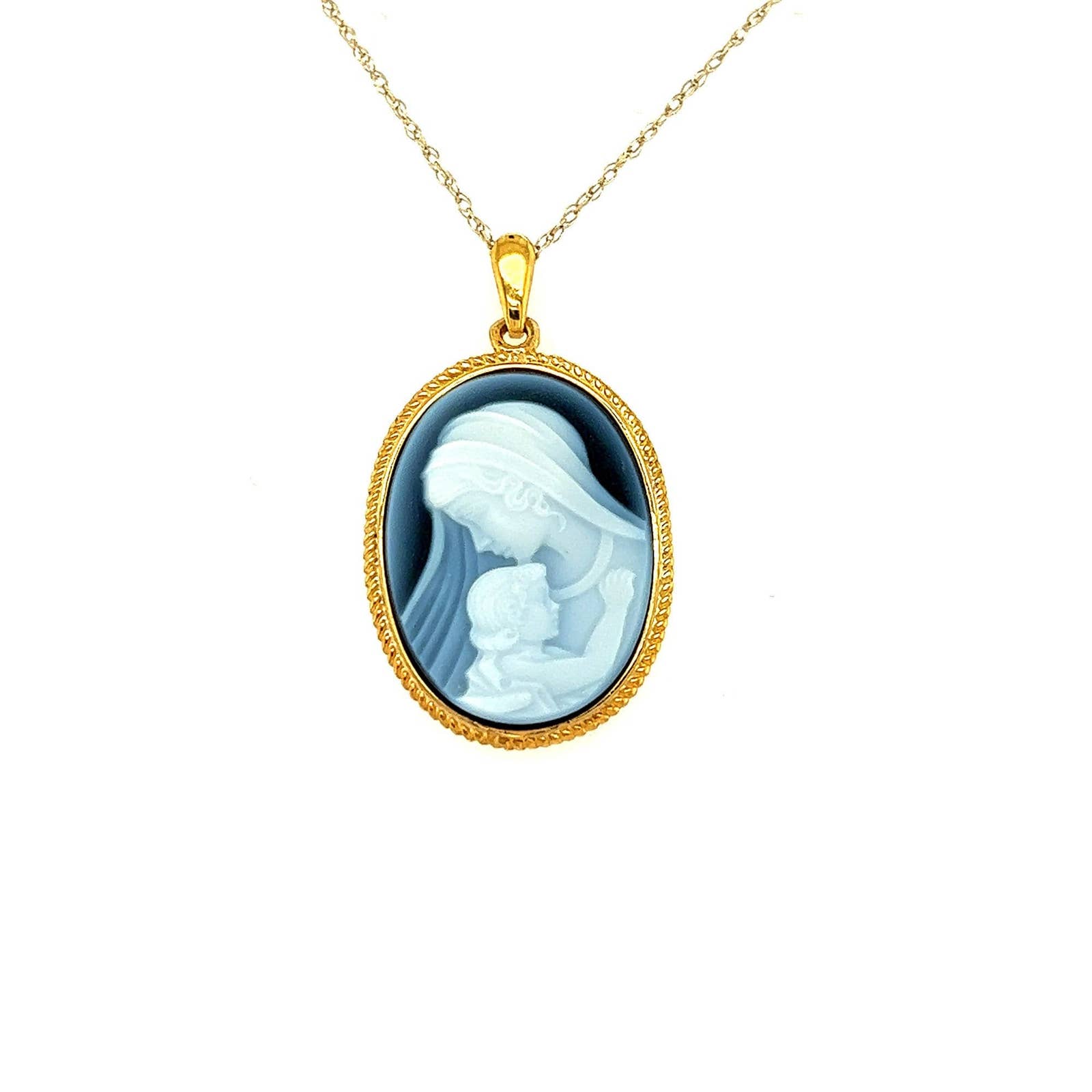 18K Gold Plated Silver "Mother Mary and Baby" Blue Agate Cameo Pendant