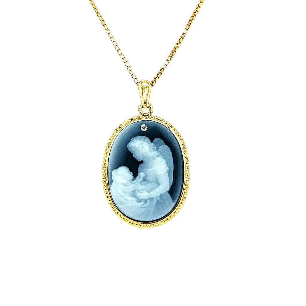 Diamond Accent 18K Gold Plated "Angel Holding Baby" Blue Agate Cameo Pendant