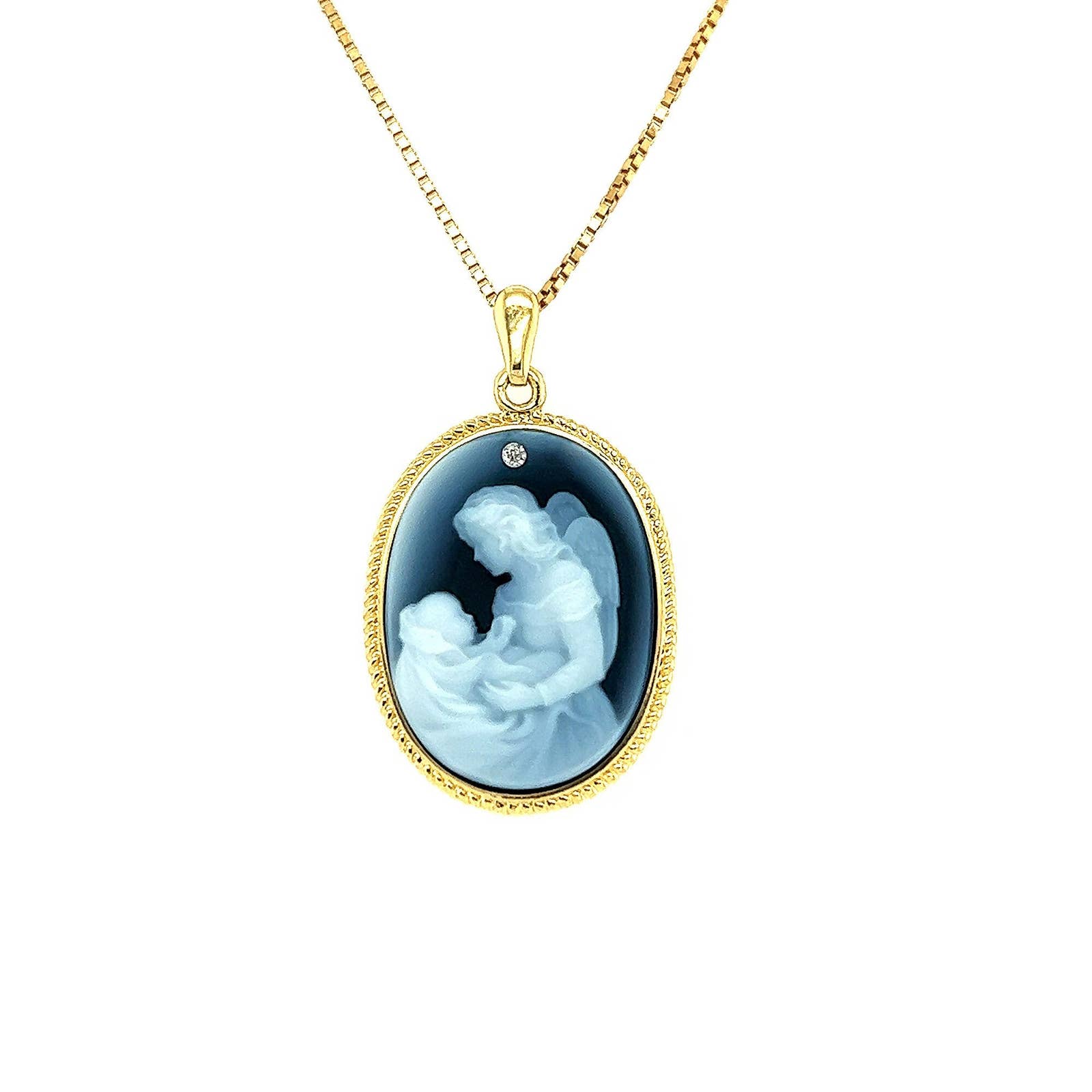 Diamond Accent 18K Gold Plated "Angel Holding Baby" Blue Agate Cameo Pendant