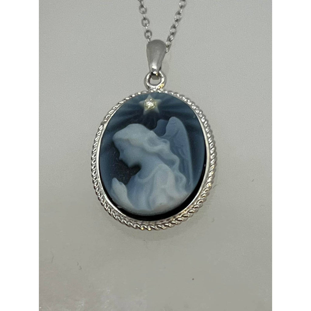 Silver and Diamond Accent Star "Praying Angel" 925 Blue Agate Cameo Pendant