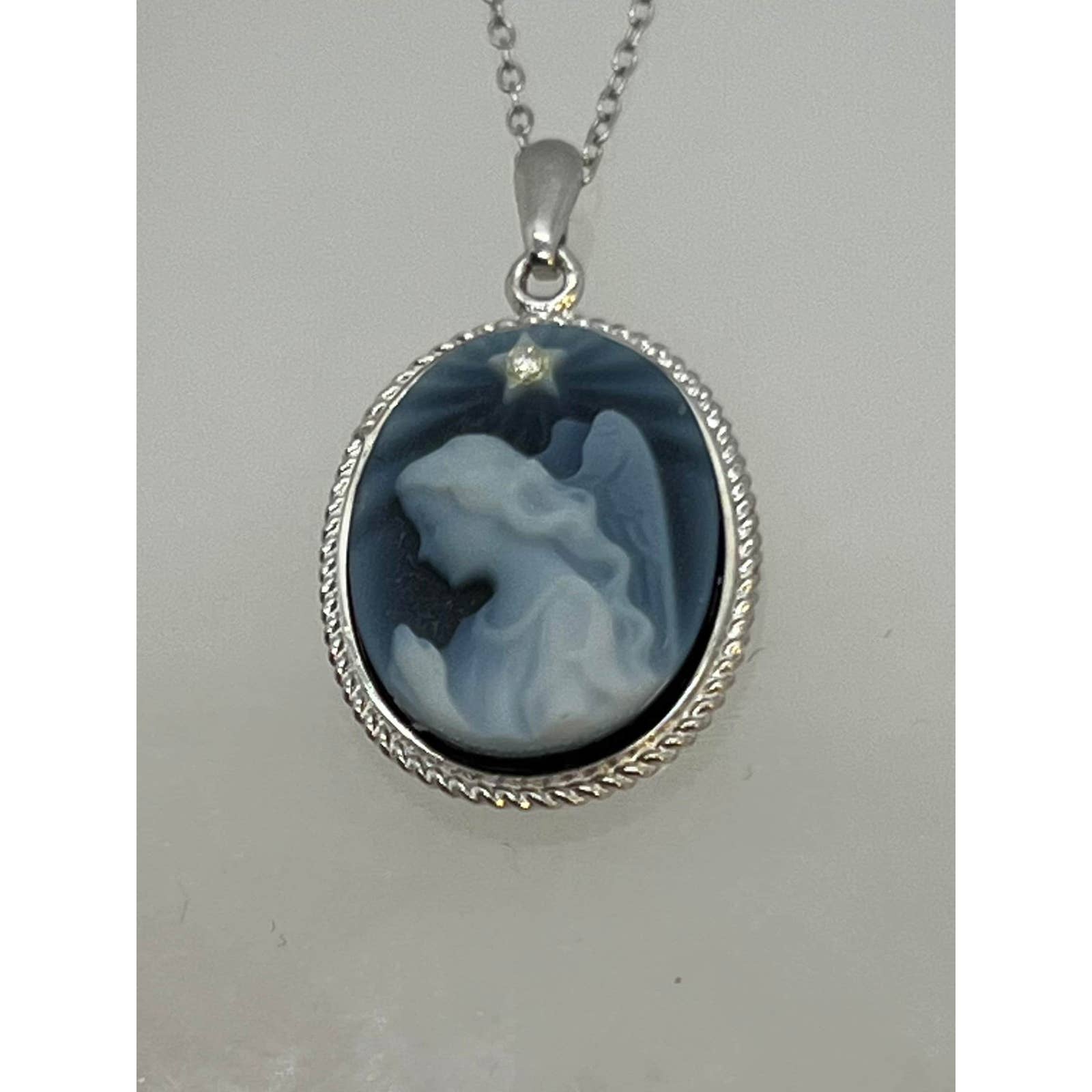 Silver and Diamond Accent Star "Praying Angel" 925 Blue Agate Cameo Pendant