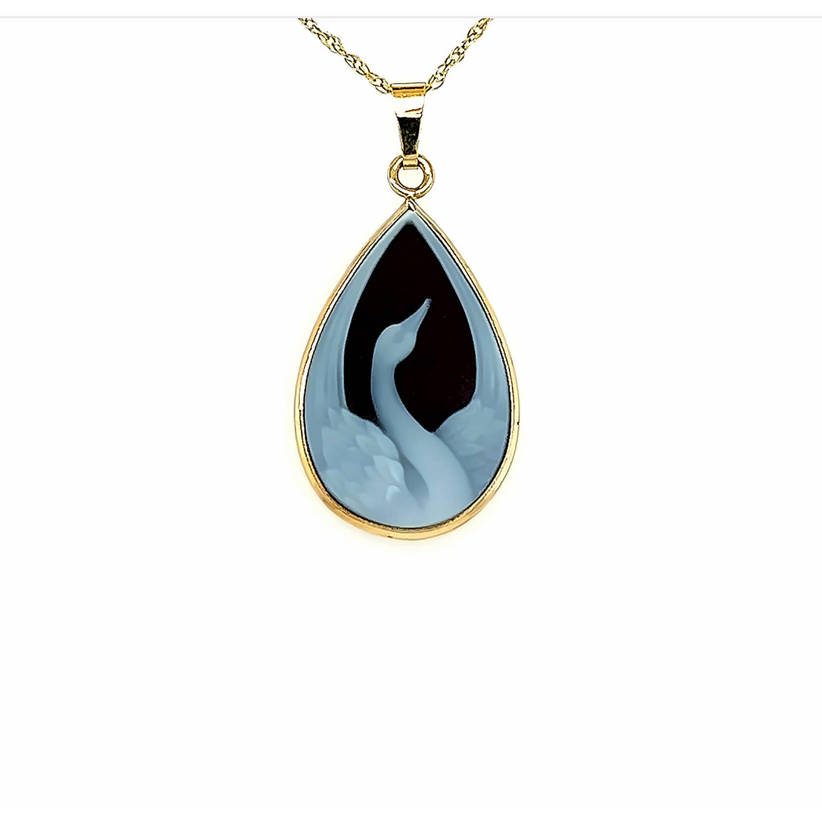14K Gold "Teardrop Shape Swan" Blue Agate Cameo Pendant