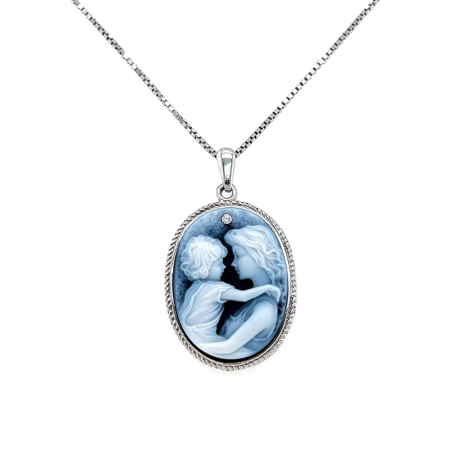 Silver Diamond Accent "Mother and Child" Blue Agate Cameo Pendant