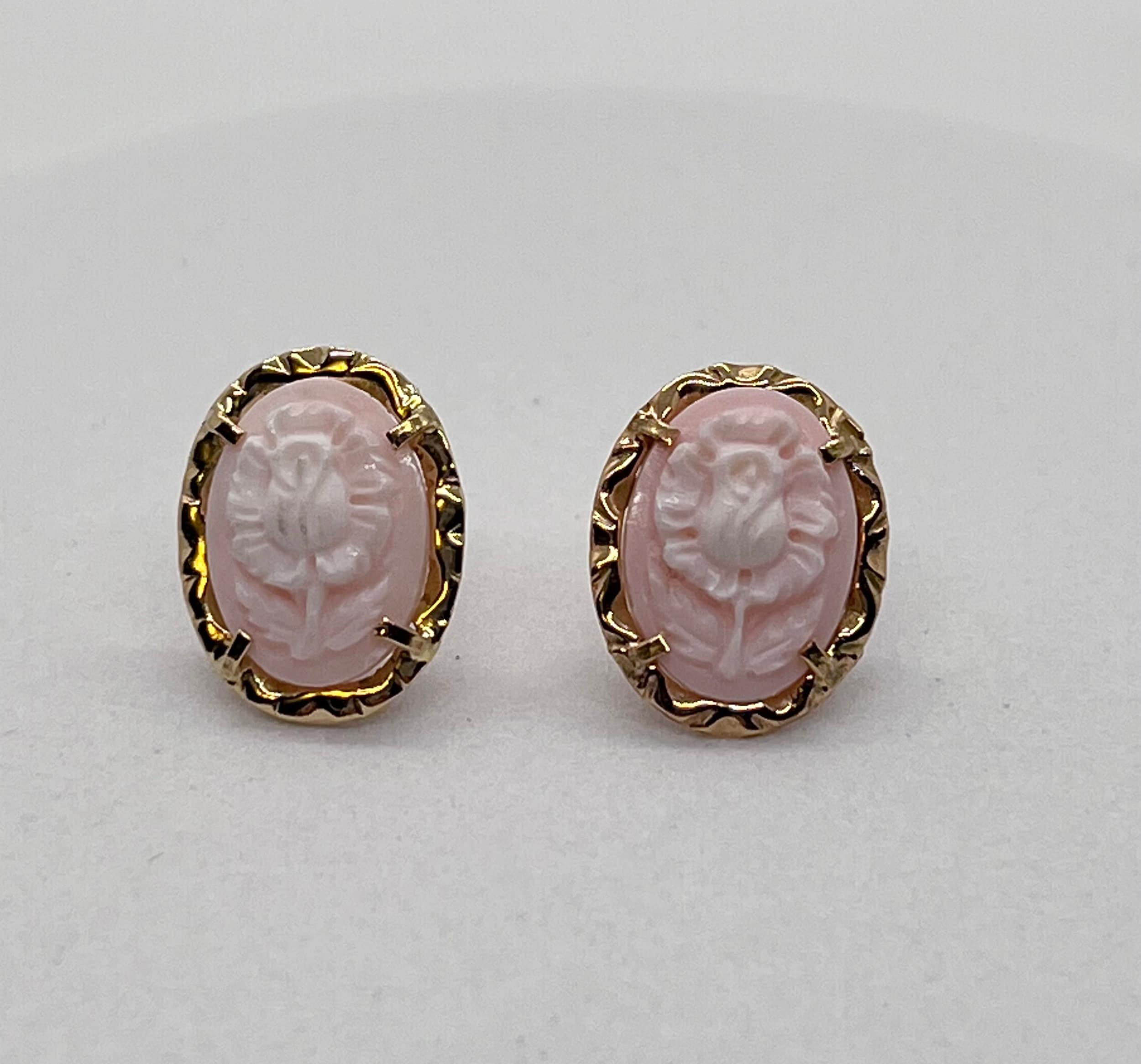 14K Gold "Flower" Pink Cameo Stud Earrings Made in Italy