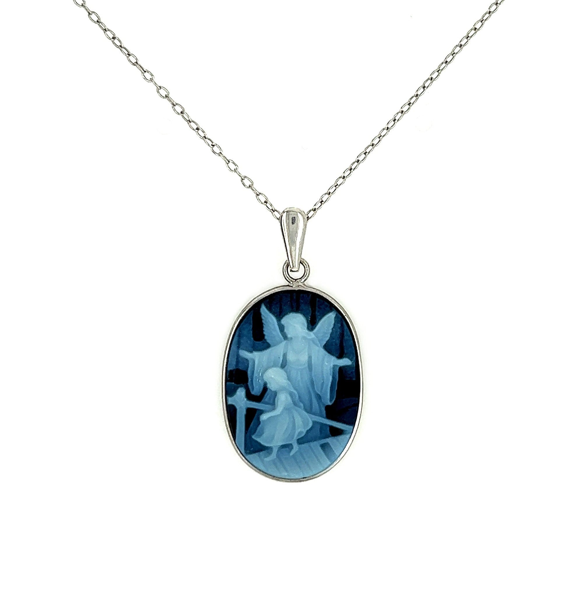 925 Sterling Silver and Blue Agate "Watch My Child Grow" Cameo With 18" Sterling Silver Rolo Necklace