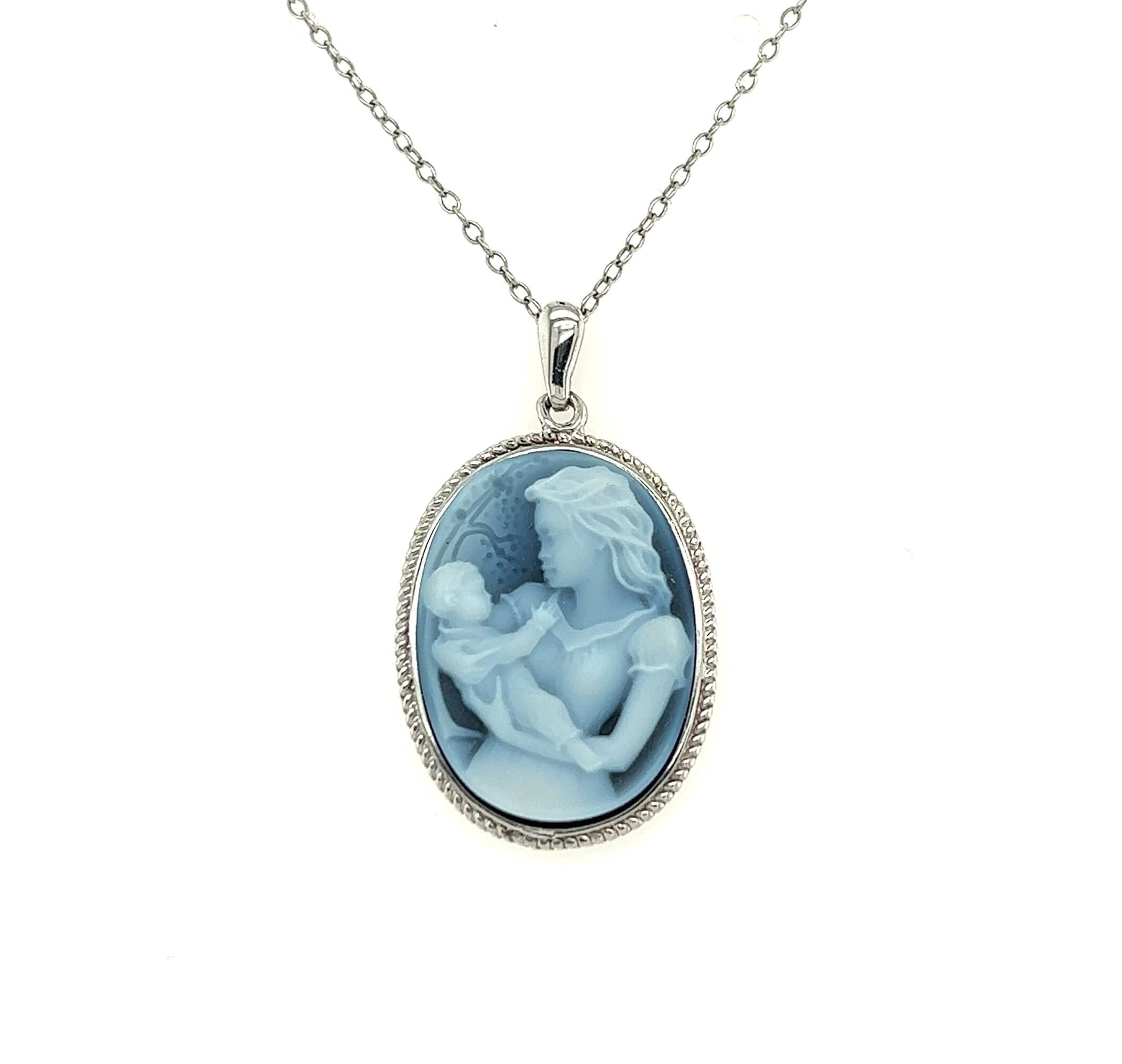 Sterling Silver Blue Agate "Mother Holding Baby In Nature" Cameo Pendant