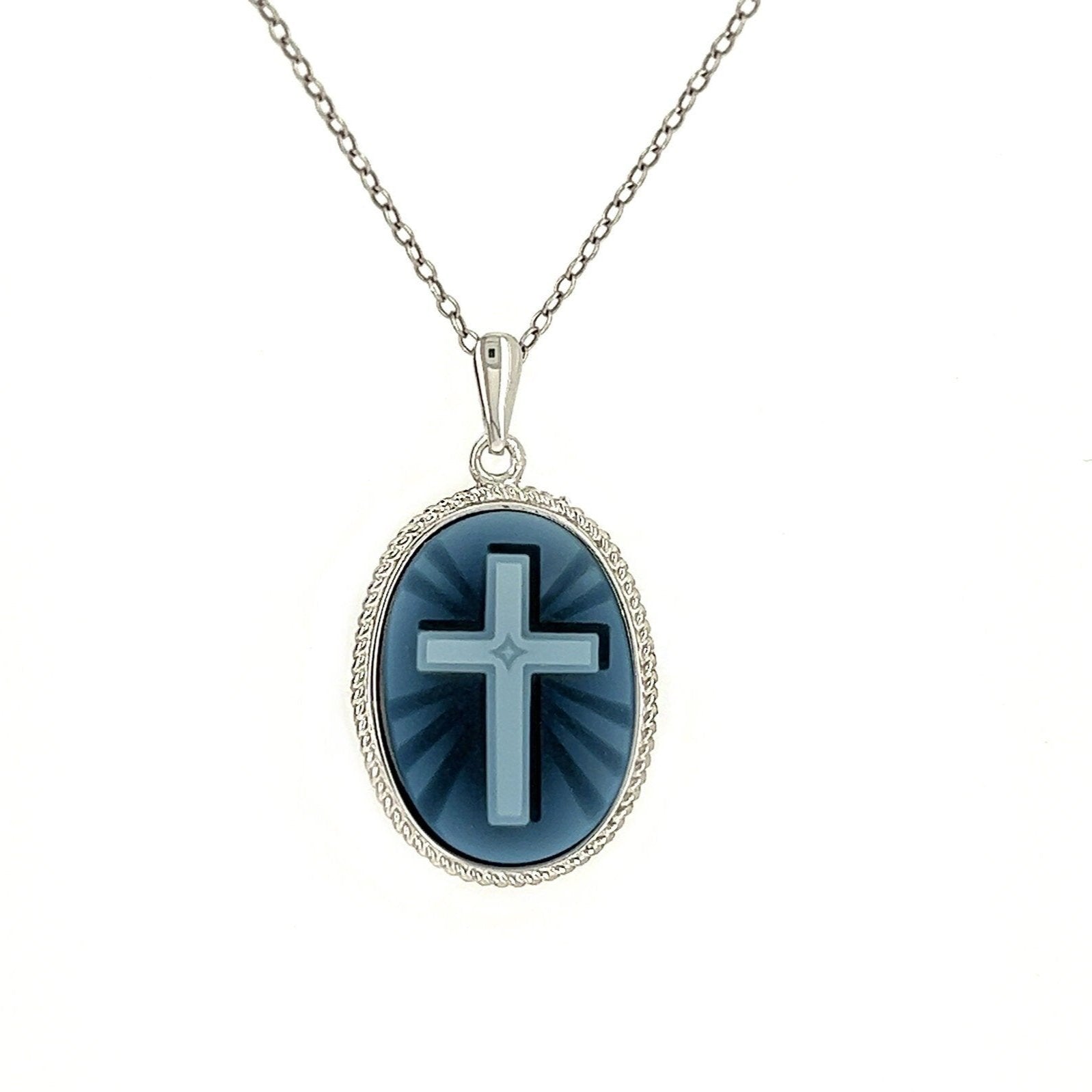 925 Sterling Silver "Cross" Blue Agate Cameo Pendant with 18" Necklace