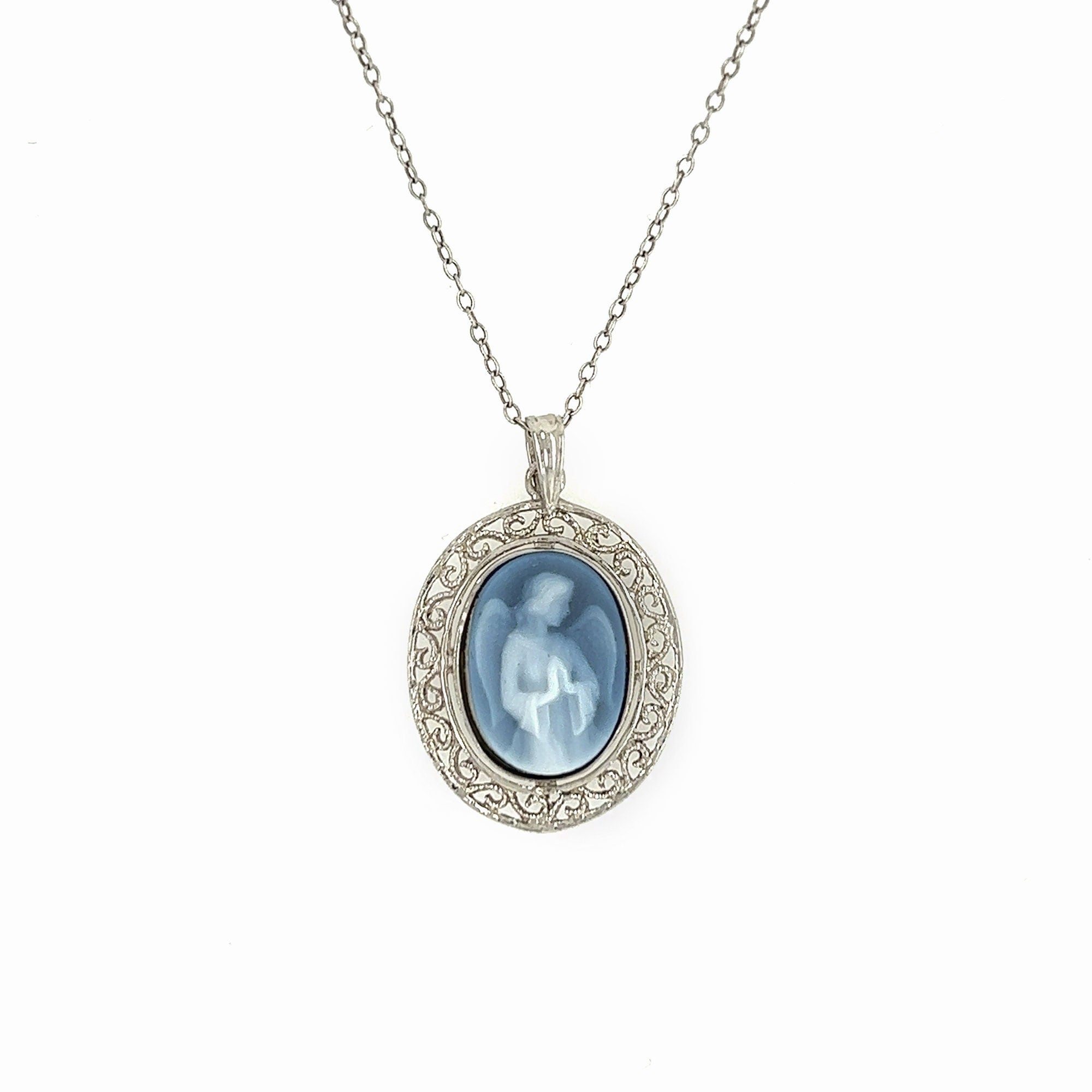 925 Sterling Silver "Angel" Blue Agate Cameo Pendant with Filigree Detail and Sterling Silver 18" box Chain.