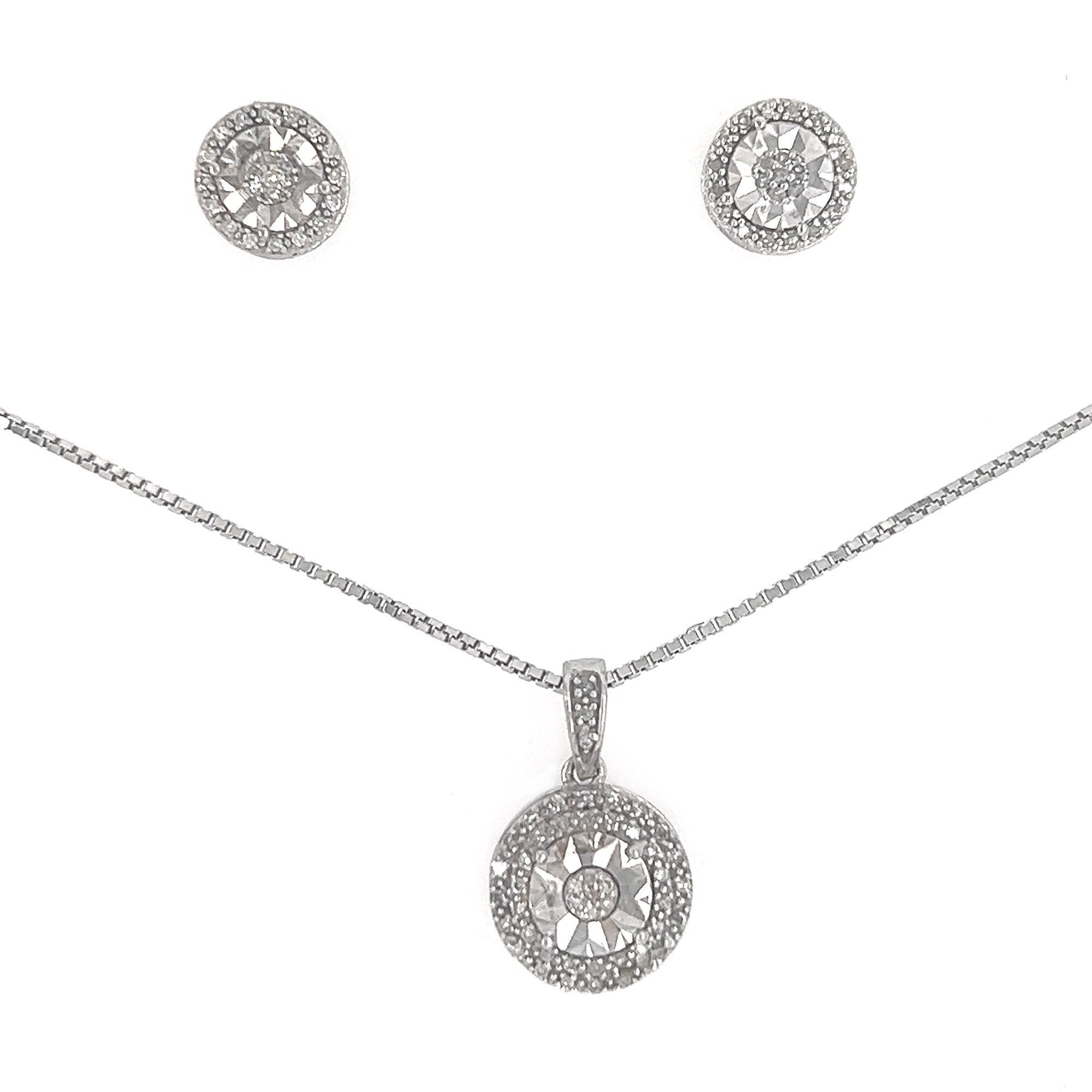 Diamonds and Silver with a Special Miracle Setting Earring and Necklace Set
