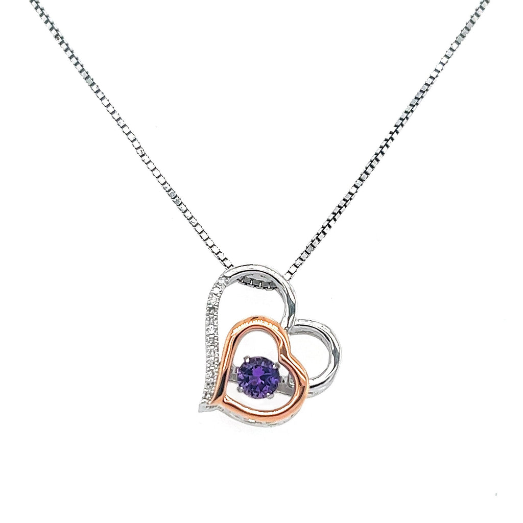Rocking Amethyst  with White Sapphire Details, Double Heart Necklace