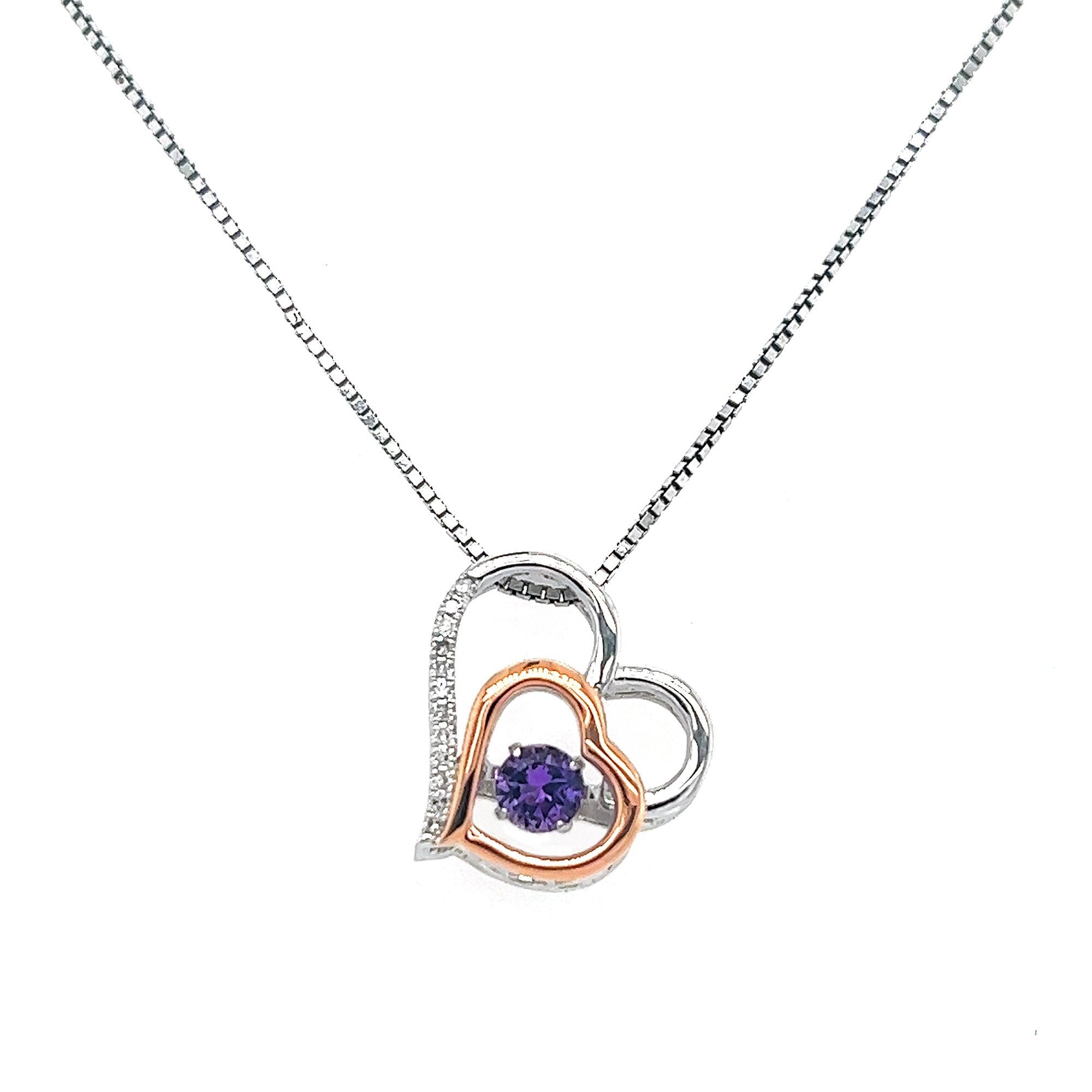 Rocking Amethyst  with White Sapphire Details, Double Heart Necklace