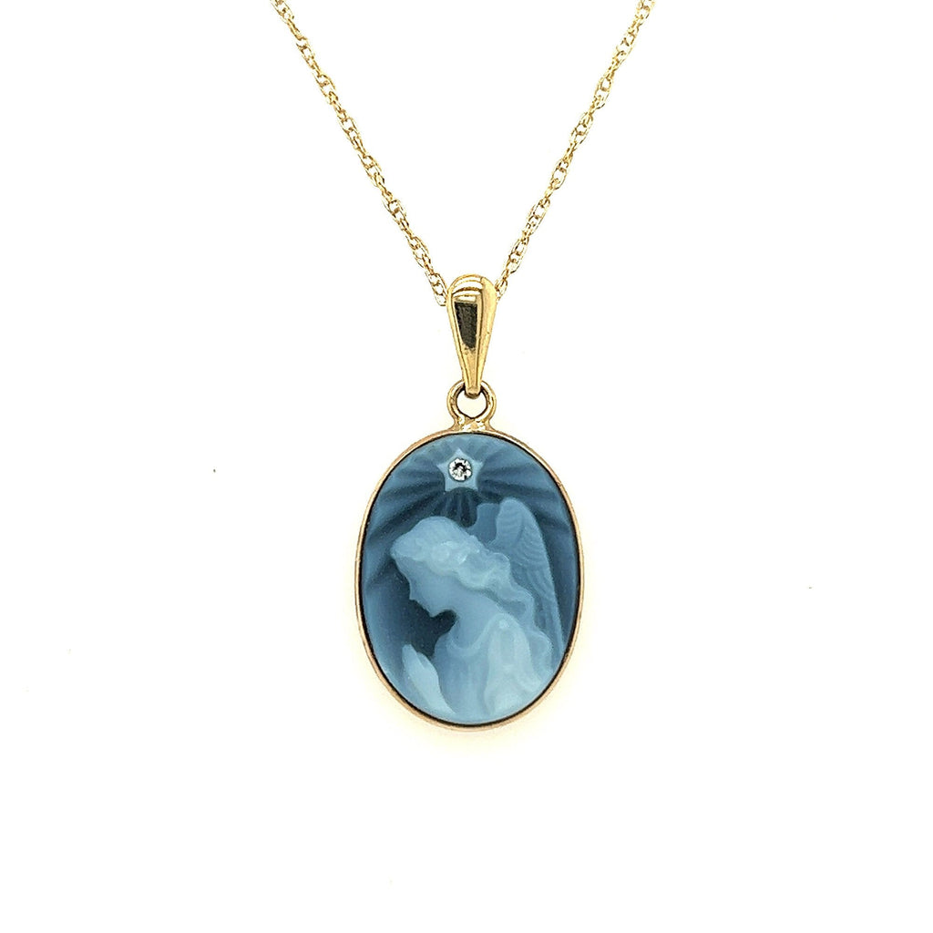 14K Yellow Gold Diamond Accent "Praying Angel Upon A Star" Blue Agate Cameo Pendant