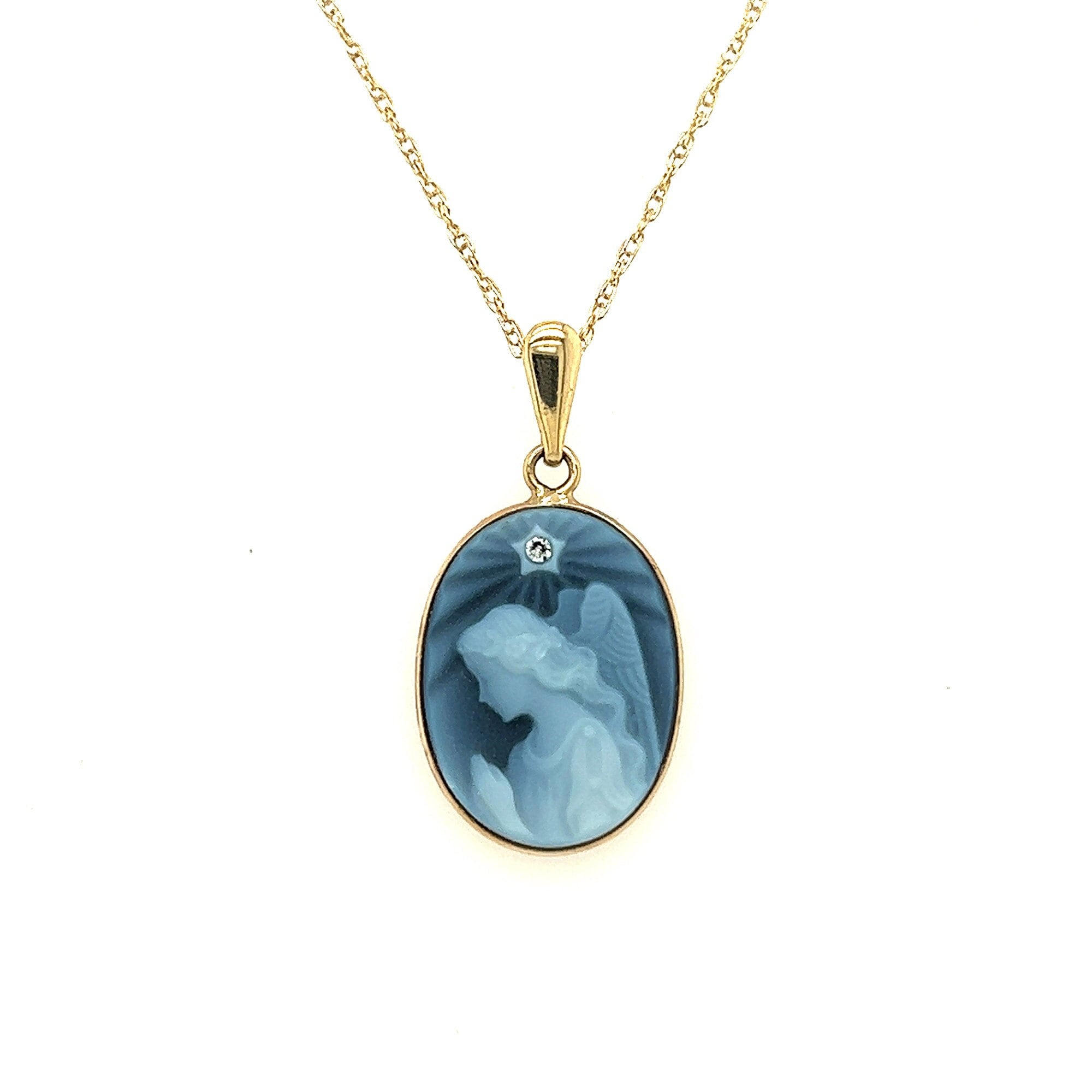 14K Yellow Gold Diamond Accent "Praying Angel Upon A Star" Blue Agate Cameo Pendant