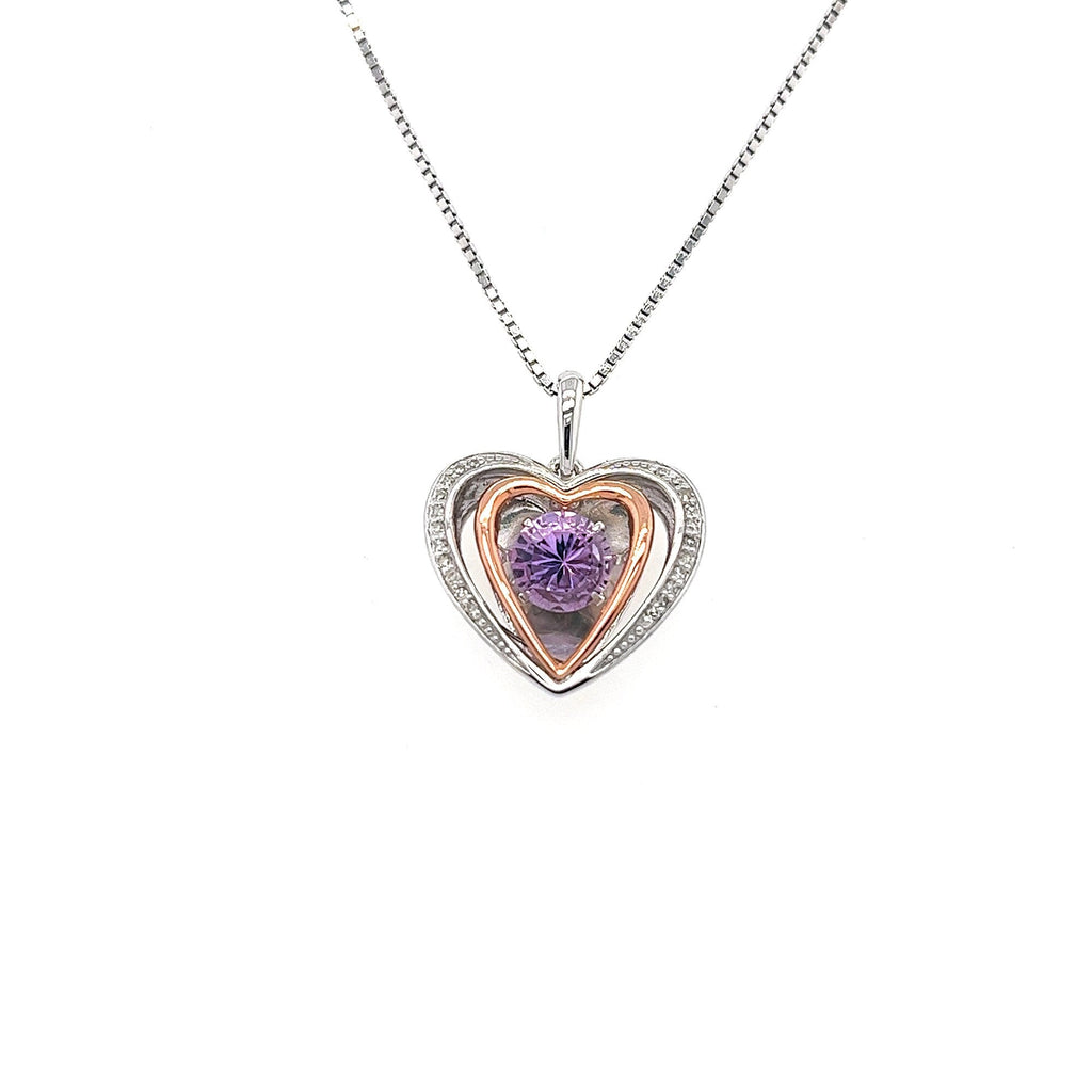 10K Gold Two-Tone Heart Pendant with Rocking Amethyst and Diamond Detail – Unique Showstopper with Sterling Silver Chain