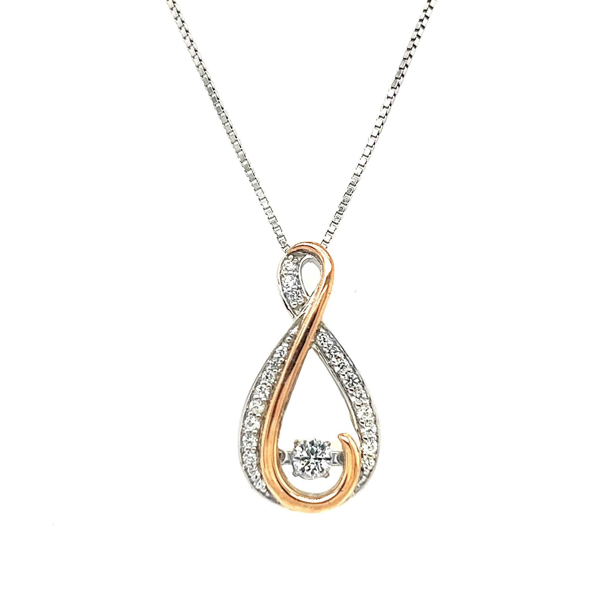 10K Gold and Sterling Silver Rocking White Sapphire With 20 Created white Sapphire Infinity Pendant
