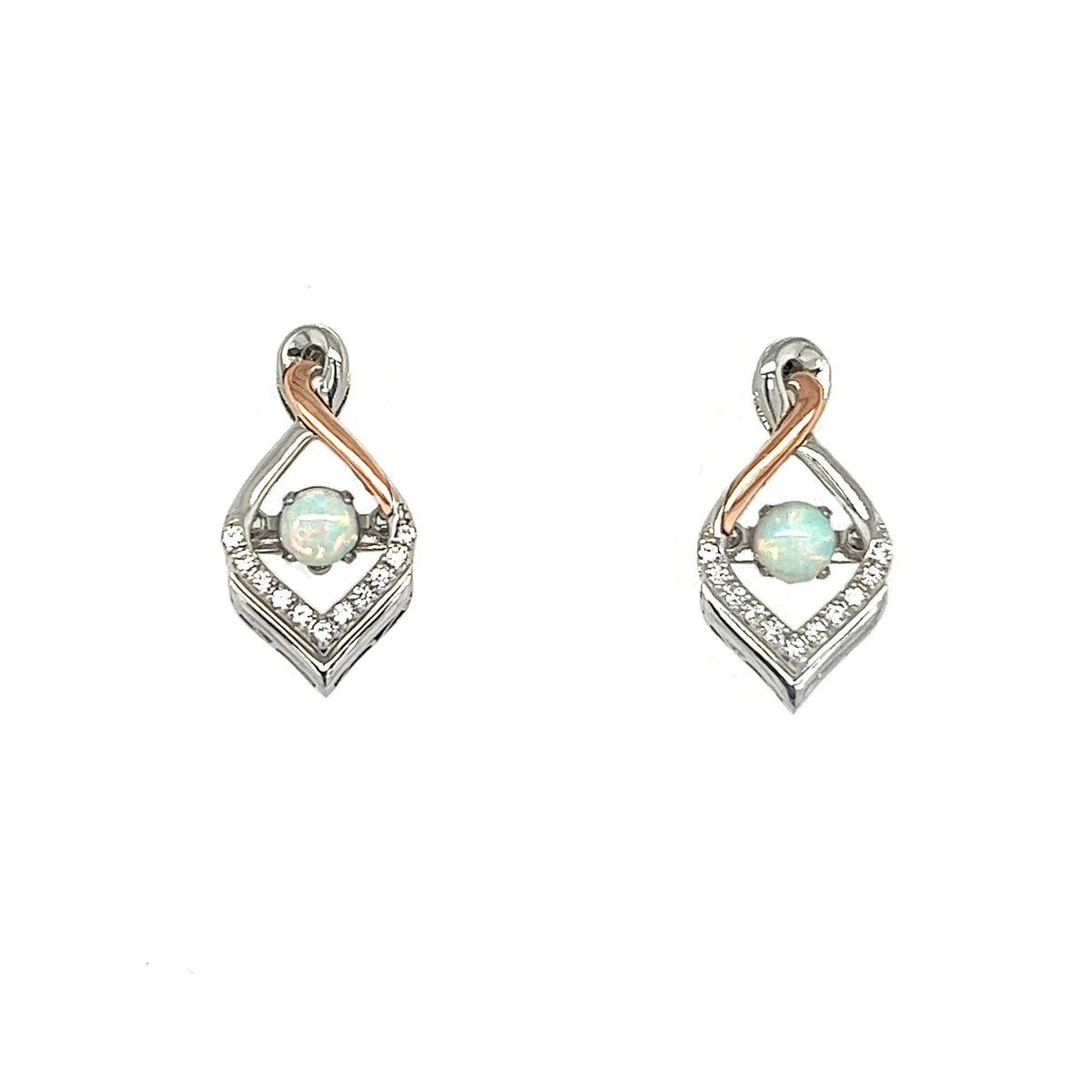 Solid Yellow Gold And Silver Earrings With Created Opal And White Sapphire Accent